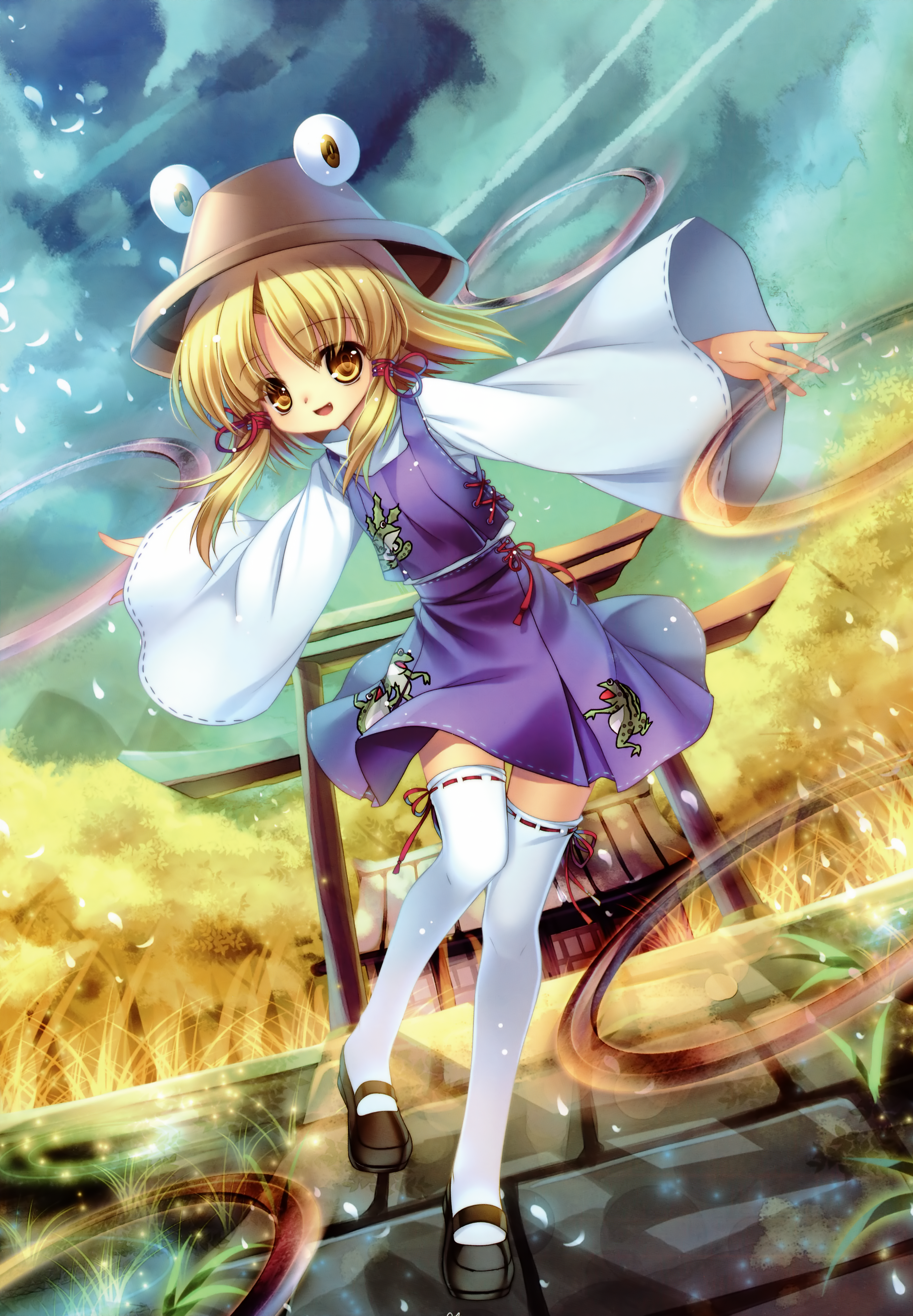 capura lin, moriya suwako, touhou, absurdres, highres, huge filesize, 1girl, blonde hair, female focus, hat, mary janes, moriya's iron rings, shoes, short hair, solo, thighhighs, torii, yellow eyes
