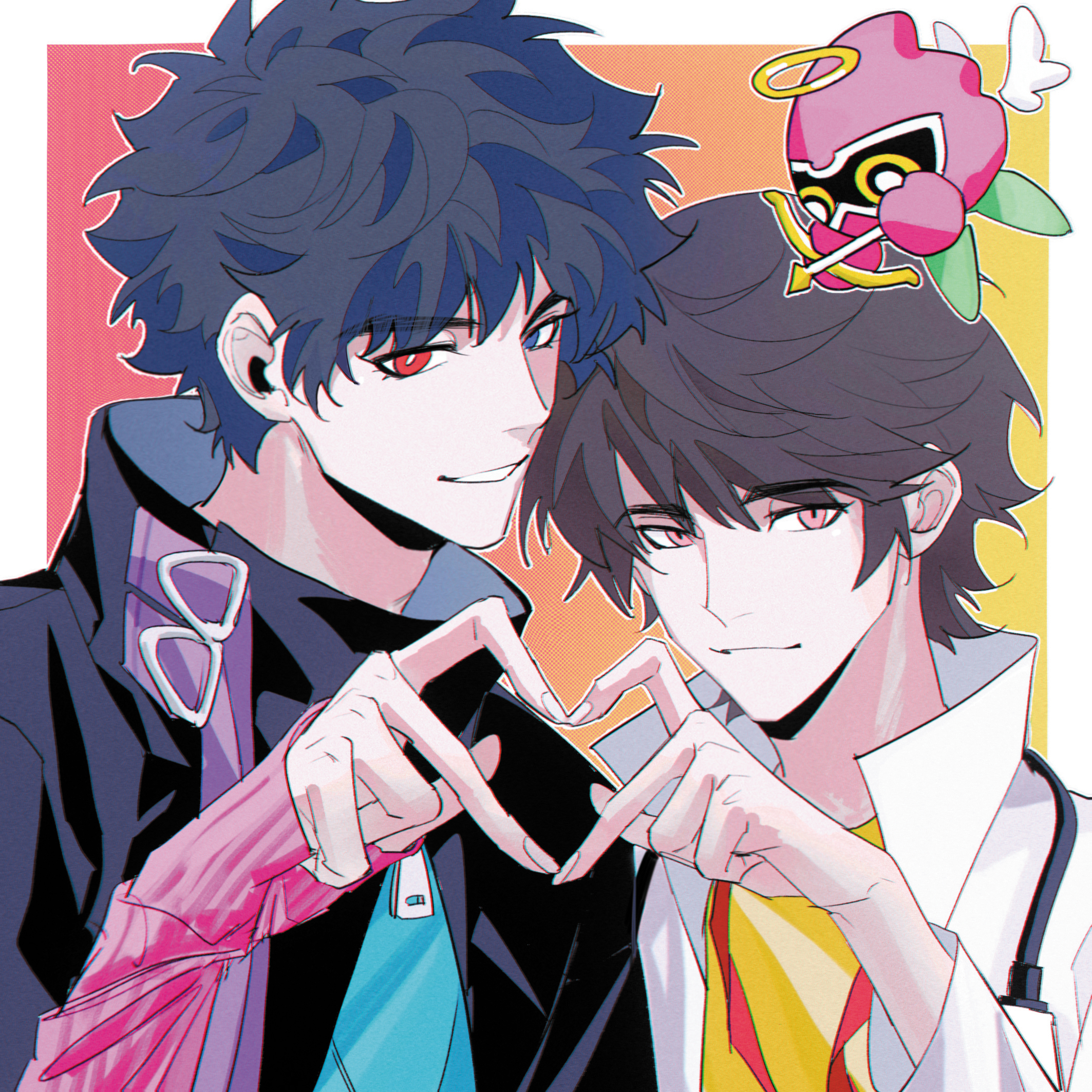 houjou emu, parad, kamen rider, kamen rider ex-aid (series), commentary, highres, 2boys, animification, black hair, blue eyes, border, bright pupils, brown hair, clenched teeth, dul (dulvista424), fingernails, halo, hands up, heart, heart hands, heart hands duo, heterochromia, high collar, long sleeves, looking at viewer, male focus, multiple boys, outside border, red eyes, short hair, smile, teeth, white border, white pupils, wings, yaoi