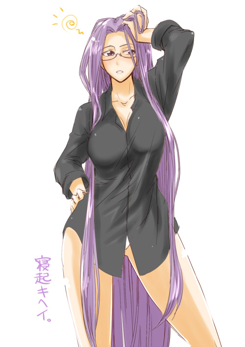 fue (rhomphair), medusa (fate), medusa (rider) (fate), fate/stay night, fate (series), 00s, 1girl, breasts, dress shirt, female focus, glasses, hand in own hair, hand on own head, hand on own hip, hip focus, large breasts, long hair, no pants, panties, purple eyes, purple hair, shirt, solo, underwear, very long hair, white panties