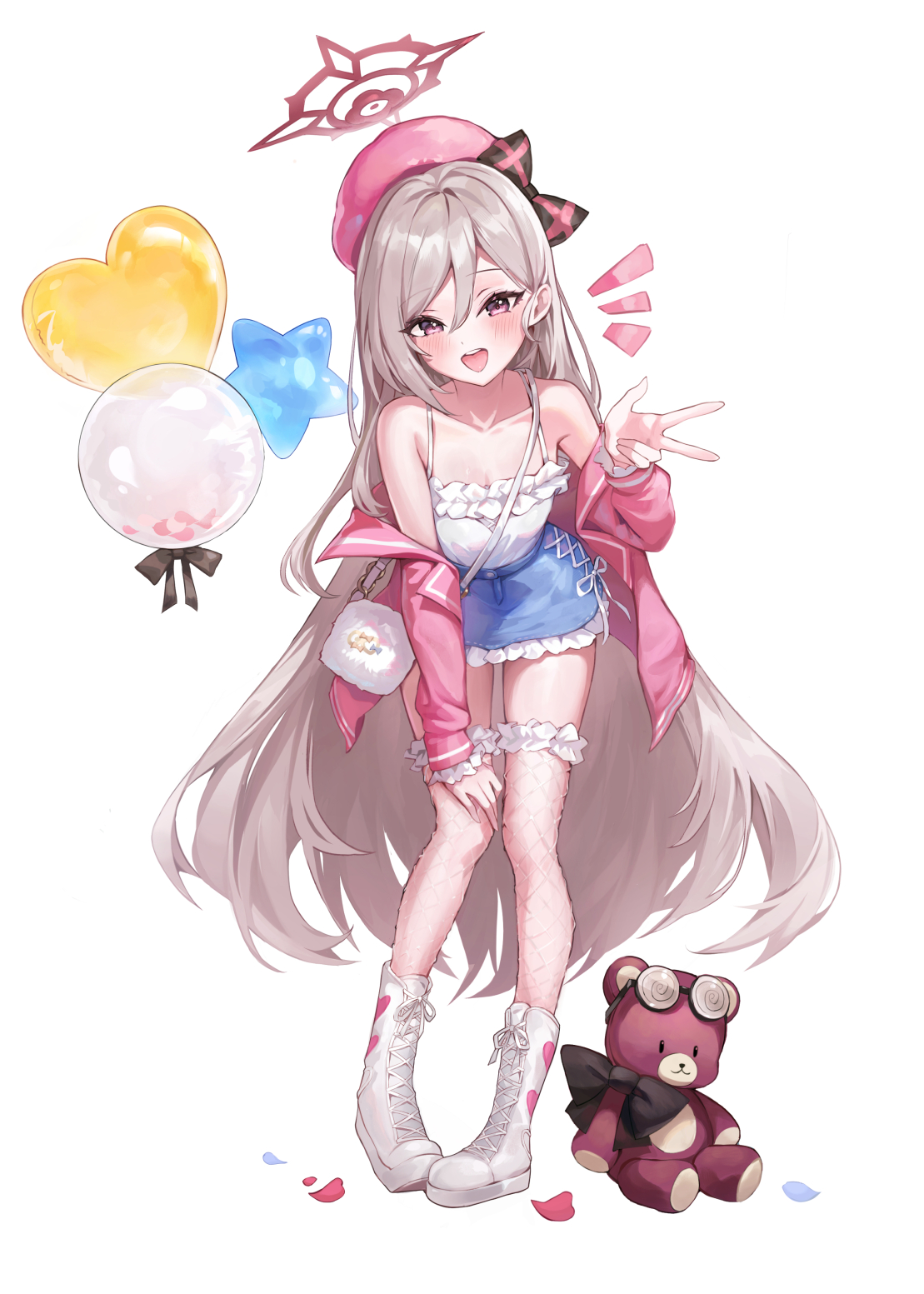 mutsuki (blue archive), blue archive, commentary, highres, 1girl, :d, alternate costume, alternate hairstyle, balloon, bare shoulders, beret, black bow, blue skirt, blush, boots, bow, breasts, camisole, cano852, casual, collarbone, double-parted bangs, eyelashes, fishnet thighhighs, fishnets, frilled camisole, frilled skirt, frilled thighhighs, frills, full body, grey hair, hair behind ear, hair between eyes, hair down, halo, hand on own knee, hand up, happy, hat, hat bow, heart balloon, jacket, lace-up boots, leaning forward, long hair, long sleeves, looking at viewer, miniskirt, notice lines, open clothes, open jacket, open mouth, petals, pink hat, pink jacket, plaid bow, red halo, sidelocks, simple background, skirt, small breasts, smile, solo, standing, stuffed animal, stuffed toy, teddy bear, teeth, thighhighs, thighs, upper teeth only, v, very long hair, white background, white boots, white camisole, zettai ryouiki