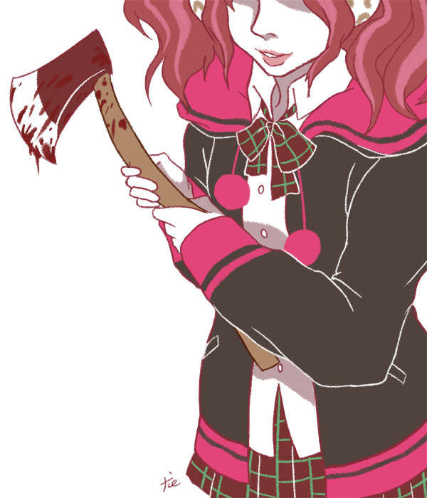 yotsuba (kyokugen dasshutsu), kyokugen dasshutsu, kyokugen dasshutsu: 9 jikan 9 nin 9 no tobira, mixed-language commentary, spoilers, 1girl, axe, bad end, black jacket, blood, blood on axe, bloody weapon, bow, collared shirt, drawstring, eyes out of frame, head out of frame, holding, holding axe, holding weapon, hood, hood down, hooded jacket, jacket, klatrestativ, lips, long sleeves, medium hair, open clothes, open jacket, plaid bow, plaid clothes, plaid skirt, pom pom (clothes), pom pom drawstring, red bow, red hair, red skirt, shirt, simple background, skirt, solo, weapon, white background, white shirt