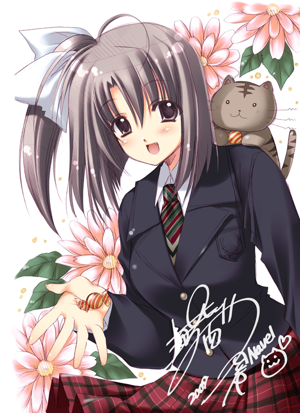 nishimata aoi, ootori naru, oretachi ni tsubasa wa nai, 1girl, brown eyes, brown hair, candy, cat, fang, female focus, flower, food, necktie, open mouth, plaid clothes, plaid skirt, school uniform, short hair, side ponytail, skirt, solo, stuffed animal, stuffed toy