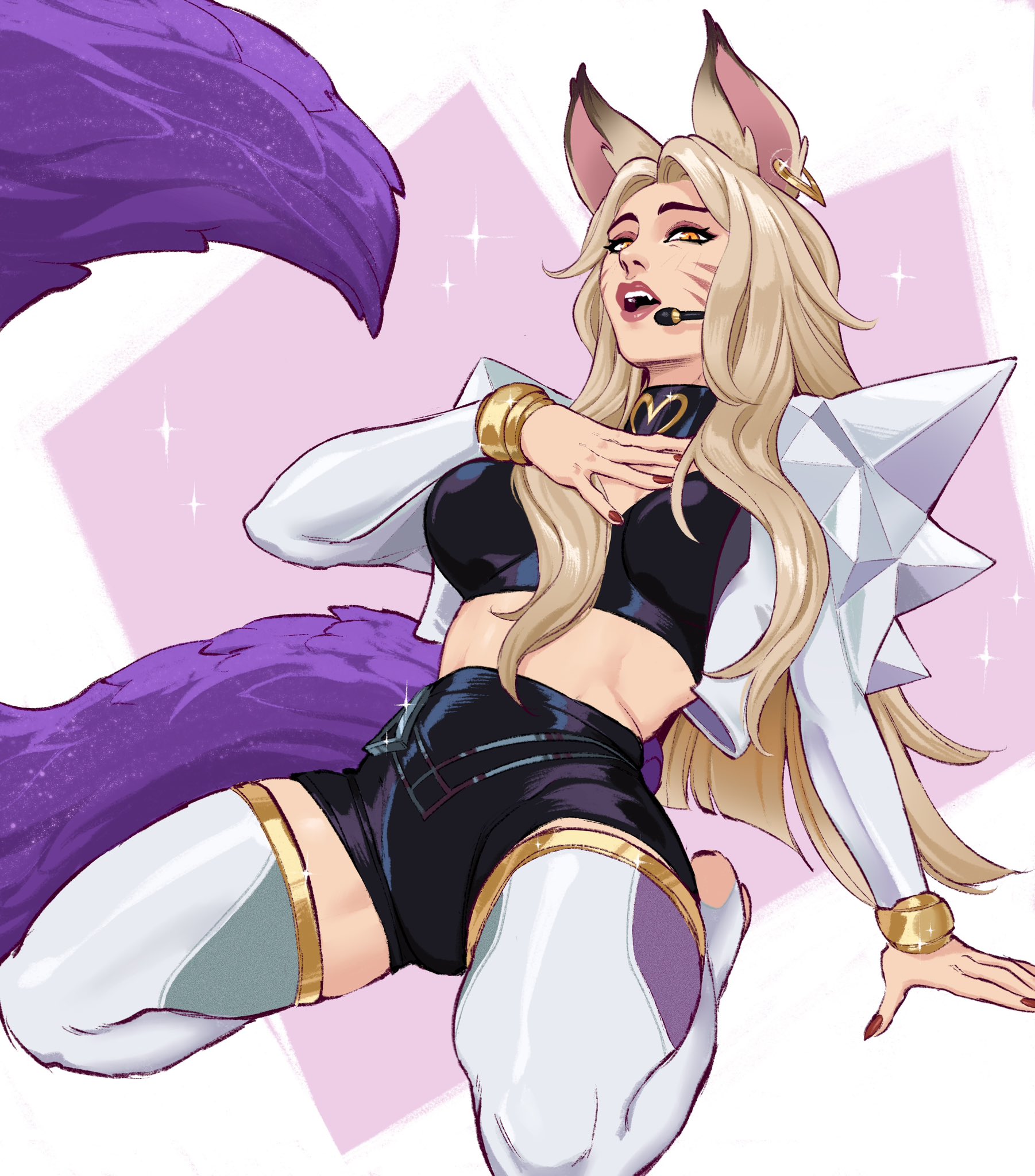 green (greeniris), ahri (league of legends), league of legends, commentary, english commentary, highres, 1girl, animal ears, black shirt, black shorts, breasts, choker, facial mark, fox ears, fox girl, fox tail, grey thighhighs, heart, heart background, k/da unbound ahri, large breasts, long hair, looking at viewer, midriff, nail polish, open mouth, red nails, shirt, short shorts, shorts, sitting, solo, sparkle, tail, thighhighs, wariza, whisker markings, white thighhighs, yellow eyes