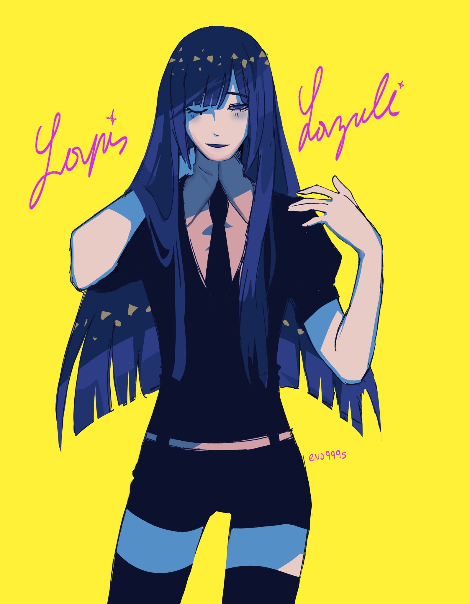 end999s, lapis lazuli (houseki no kuni), houseki no kuni, commentary, commentary request, english commentary, highres, 1other, androgynous, arm behind head, arm up, artist name, black necktie, black thighhighs, blue eyes, blue hair, blue tongue, character name, collared shirt, colored tongue, gem uniform (houseki no kuni), hime cut, light blush, light smile, long hair, necktie, one eye closed, parted lips, puffy short sleeves, puffy sleeves, shirt, short shorts, short sleeves, shorts, thighhighs, white shirt, yellow background