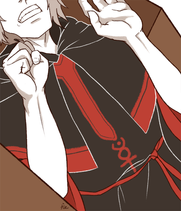 niels (kyokugen dasshutsu), kyokugen dasshutsu, kyokugen dasshutsu: 9 jikan 9 nin 9 no tobira, mixed-language commentary, spoilers, 1boy, bad end, black robe, coffin, eyes out of frame, fingernails, grey hair, head out of frame, hood, hood down, hooded robe, klatrestativ, male focus, official alternate costume, robe, short hair, solo