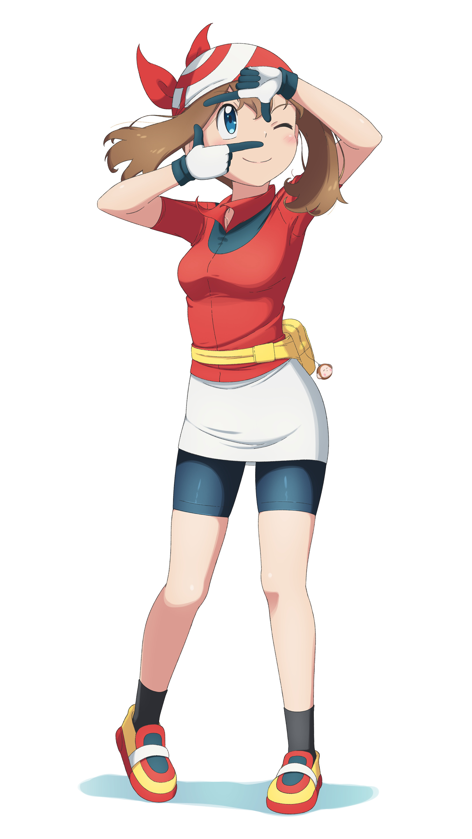 scarletsky, may (pokemon), nintendo, pokemon, pokemon (anime), pokemon rse (anime), absurdres, commentary, duplicate, highres, pixel-perfect duplicate, 1girl, ;), anime coloring, bandana, bike shorts, bike shorts under skirt, black socks, blue eyes, blush, breasts, brown hair, closed mouth, collared shirt, finger frame, finger frame over eye, full body, gloves, hands up, looking up, medium hair, one eye closed, red bandana, red shirt, shirt, shoes, short sleeves, skirt, smile, socks, solo, standing, white background, white skirt