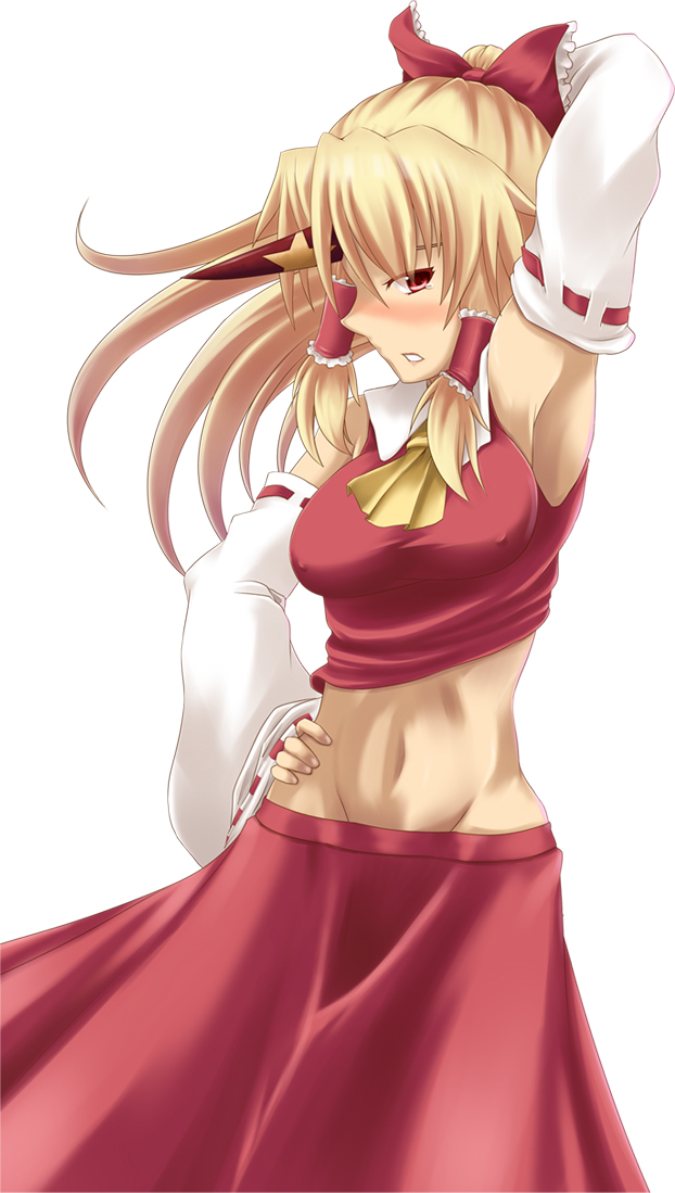 kosmosshuffle, hakurei reimu, hoshiguma yuugi, touhou, bad id, bad pixiv id, 1girl, armpits, arms up, blonde hair, blush, bow, cosplay, detached sleeves, female focus, groin, hair bow, hair tubes, hakurei reimu (cosplay), hand on own hip, hip focus, horns, japanese clothes, long hair, midriff, miko, red eyes, single horn, solo