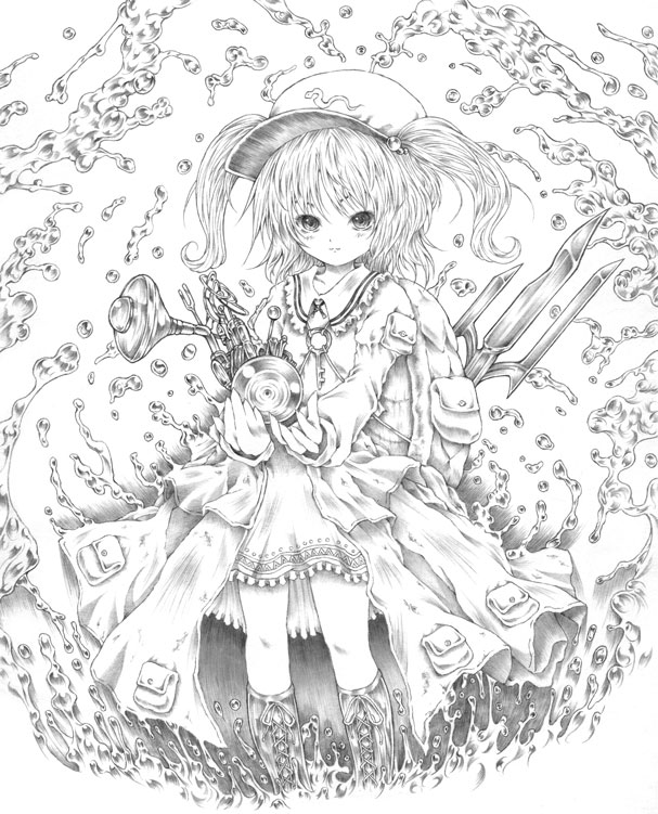 hasanishi, kawashiro nitori, touhou, bad id, bad pixiv id, graphite (medium), traditional media, 1girl, backpack, bag, coat, female focus, greyscale, monochrome, randoseru, solo, twintails, two side up, water