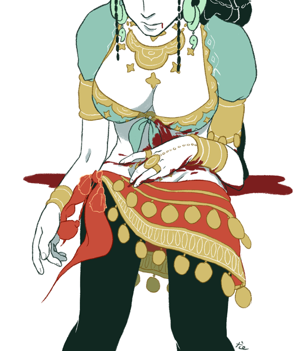 yashiro (kyokugen dasshutsu), kyokugen dasshutsu, kyokugen dasshutsu: 9 jikan 9 nin 9 no tobira, mixed-language commentary, spoilers, 1girl, bad end, black hair, black pantyhose, blood, blood from mouth, blood on hands, blood on stomach, breasts, cleavage, closed mouth, death, earrings, eyes out of frame, front-tie top, hand on own stomach, head out of frame, jewelry, klatrestativ, long hair, midriff, pantyhose, solo