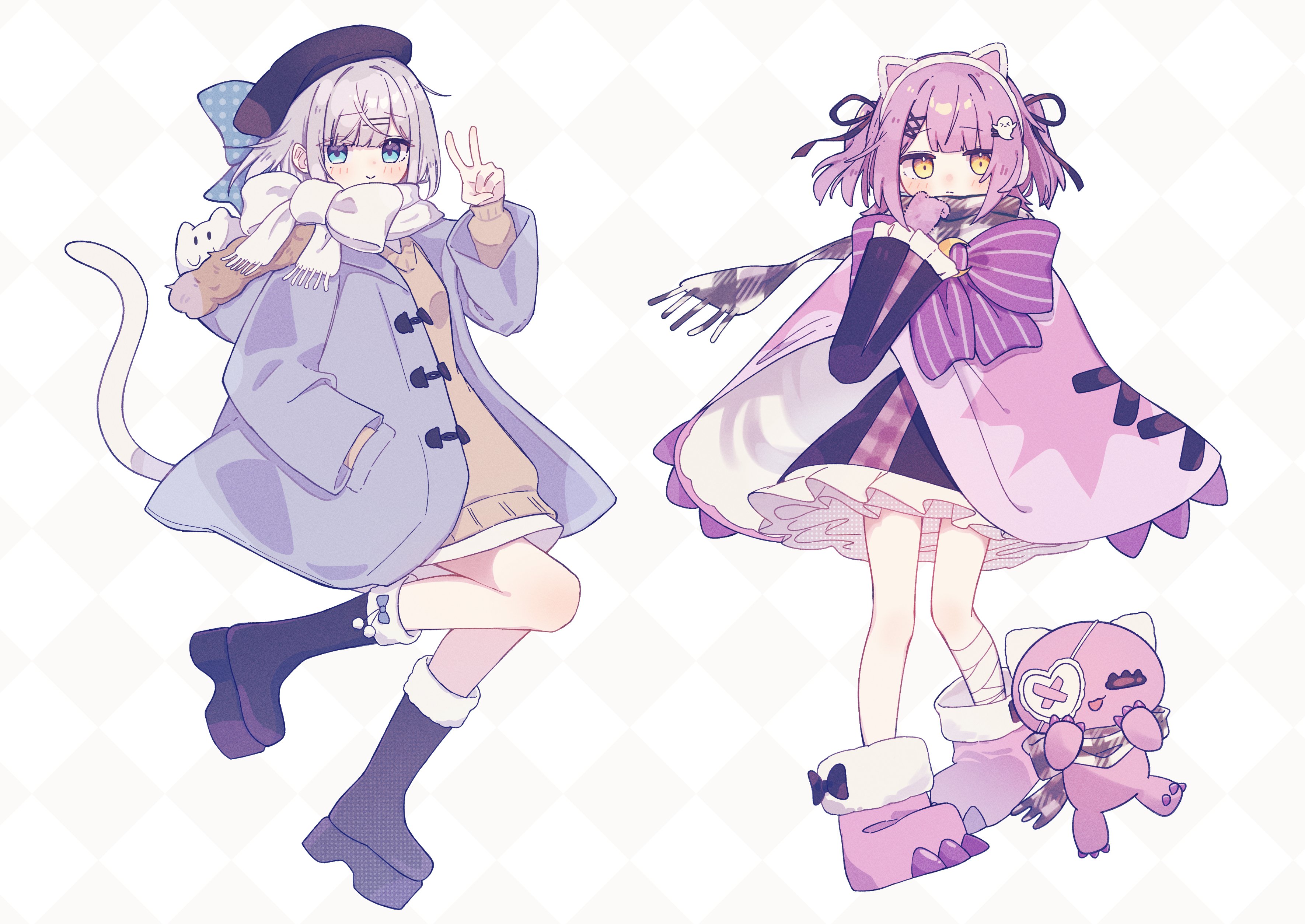 shimoyake (lethal penguin), kaga sumire, shinomiya runa, vspo!, absurdres, highres, 2girls, alternate costume, animal, animal ear hairband, animal ears, animal in clothes, argyle background, bandaged leg, bandages, beret, black boots, black dress, blue bow, blue coat, blue eyes, blunt bangs, boots, bow, brown scarf, brown sweater, cat ear hairband, cat ears, cattail, closed mouth, coat, crescent, cross-laced clothes, dress, eyepatch, fake animal ears, footwear bow, frilled dress, frilled sleeves, frills, full body, fur-trimmed hood, fur trim, ghost hair ornament, gloves, grey hair, hair bow, hair ornament, hair ribbon, hairband, hairclip, hand in pocket, hand up, hat, heart, heart eyepatch, hood, hood down, hooded coat, knee boots, long sleeves, looking at viewer, multiple girls, open clothes, open coat, pink gloves, pink poncho, plaid clothes, plaid scarf, plant, polka dot, polka dot bow, pom pom footwear, poncho, purple bow, purple ribbon, ribbon, scarf, scarf bow, short hair, smile, striped bow, sweater, two side up, v, virtual youtuber, white background, white hairband, white scarf, x hair ornament, yellow eyes