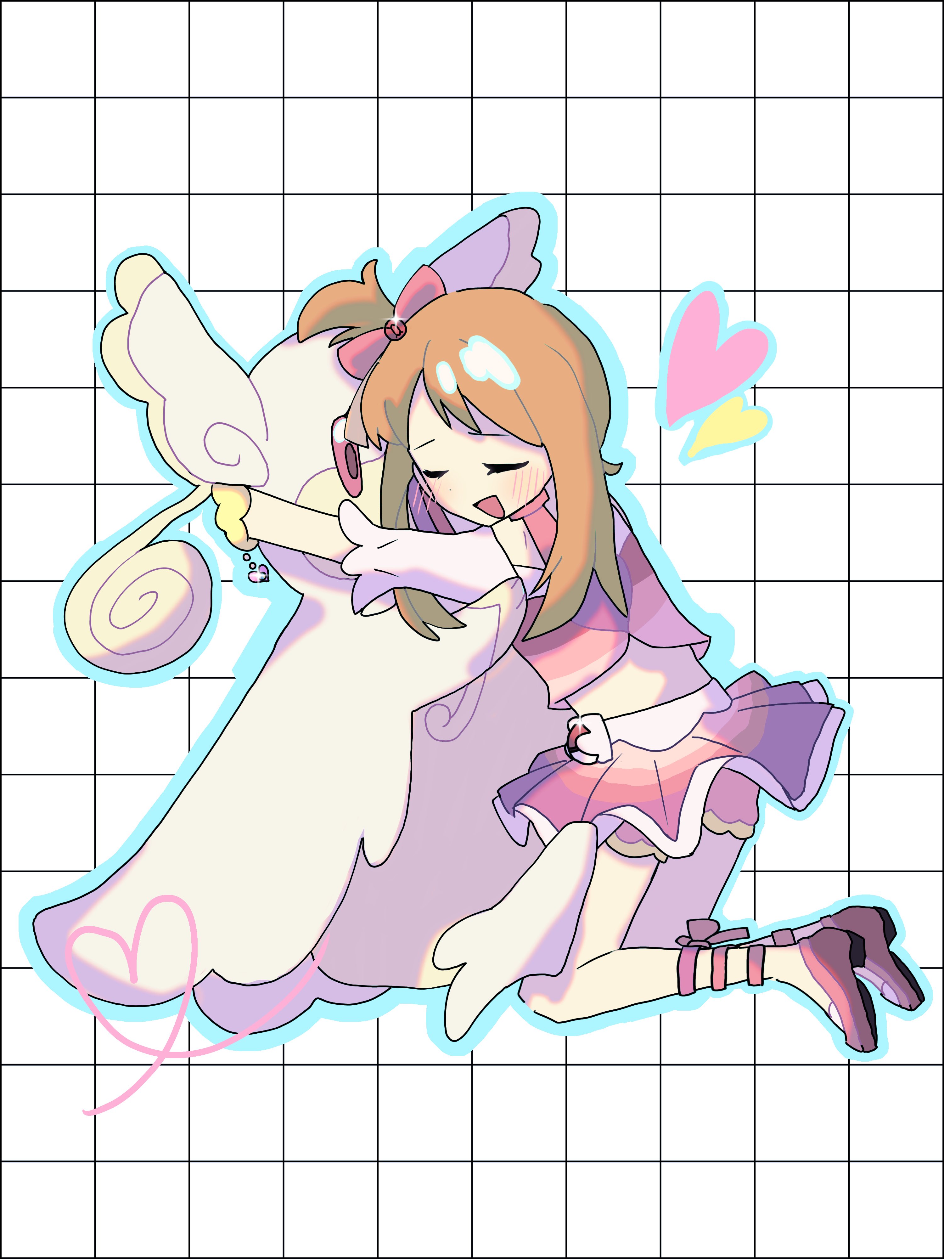 saltmusubi 12, audino, may (contest) (pokemon), may (pokemon), nintendo, pokemon, pokemon oras, absurdres, highres, 1girl, bow, bracelet, closed eyes, dress, gen 5 pokemon, grid background, hair bow, heart, jewelry, knees, midriff, open mouth, overskirt, pink bow, pink shoes, pink skirt, pokemon (creature), shoes, shorts, shorts under skirt, skirt, yellow shorts