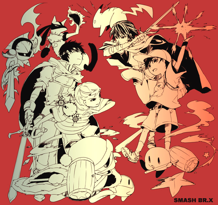 35, hammer kirby, ike (fire emblem), king dedede, kirby, lucario, lucas (mother 3), marth (fire emblem), meta knight, ness (mother 2), pikachu, waddle dee, fire emblem, fire emblem: mystery of the emblem, fire emblem: path of radiance, kirby (series), mother (series), mother 2, mother 3, nintendo, pokemon, super smash bros., 00s, 4boys, cape, child, galaxia (sword), gen 1 pokemon, gen 4 pokemon, gloves, hammer, hat, headband, male focus, mask, monochrome, multiple boys, pokemon (creature), red background, simple background, sword, weapon