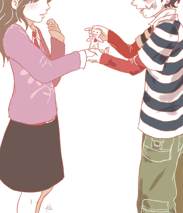 junpei (kyokugen dasshutsu), kurashiki akane, kyokugen dasshutsu, kyokugen dasshutsu: 9 jikan 9 nin 9 no tobira, mixed-language commentary, spoilers, 1boy, 1girl, aged down, black skirt, blue shirt, blush, brown hair, bruise, bruise on face, collared shirt, doll, eyes out of frame, fingernails, from side, green pants, head out of frame, holding, holding doll, holding hands, injury, klatrestativ, long hair, long sleeves, necktie, open mouth, pants, pink shirt, red necktie, shirt, shirt under shirt, short hair, simple background, skirt, striped clothes, striped shirt, two-tone shirt, white background, white shirt