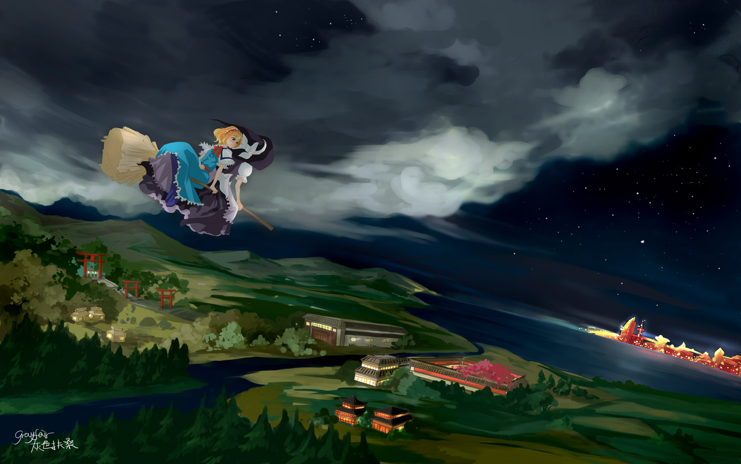 grayfair, alice margatroid, kirisame marisa, touhou, 2girls, blonde hair, blue eyes, broom, broom riding, female focus, flying, forest, hairband, hat, landscape, multiple girls, multiple riders, nature, night, outdoors, plant, scenery, short hair, sidesaddle, sky, torii, witch, witch hat