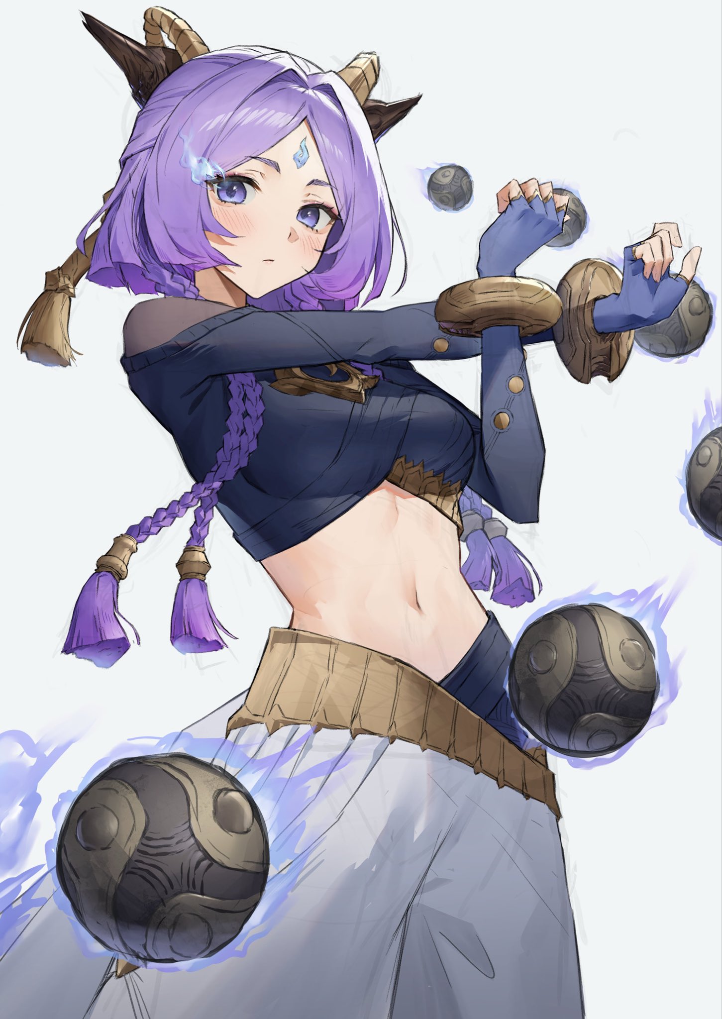 myske (myst34415756), yunara (league of legends), league of legends, commentary request, highres, 1girl, black shirt, blue fire, blush, bracelet, braid, breasts, closed mouth, cowboy shot, crop top, cross-body stretch, facial mark, fire, flaming eye, gold bracelet, hair intakes, hair ornament, jewelry, looking at viewer, medium breasts, midriff, multiple braids, orb, pants, purple eyes, purple hair, shirt, simple background, solo, stomach, stretching, white background, white pants