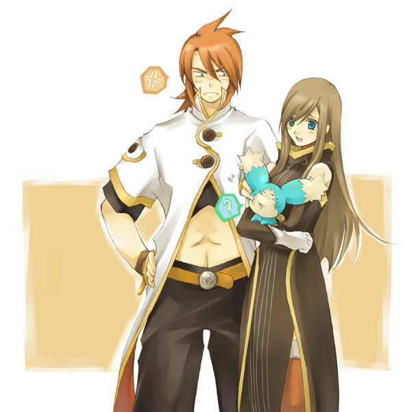 luke fon fabre, mieu (tales), tear grants, tales of (series), tales of the abyss, 00s, blue eyes, brown hair, gloves, long hair, red hair, smile, thighhighs