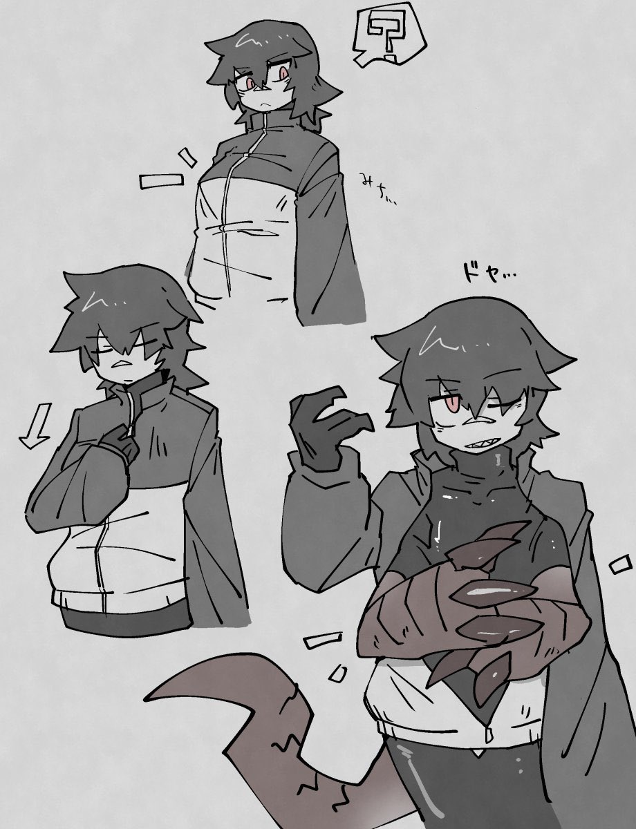 original, highres, 1girl, claws, closed eyes, extra arms, gloves, greyscale, jacket, matsukura d, messy hair, monochrome, multiple views, one eye closed, pants, scar, scar on face, scar on nose, simple background, slit pupils, turtleneck, zipper