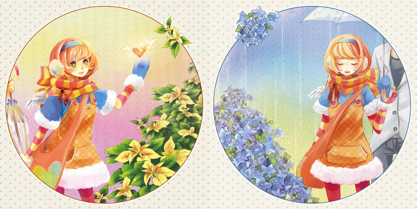 reika (artist), reika (clovia studio), original, fur, striped, bad id, bad pixiv id, 1girl, bellflower, buttons, closed eyes, earmuffs, flower, green eyes, hairband, heart, leggings, mittens, pantyhose, red hair, red pantyhose, shared umbrella, umbrella, wings