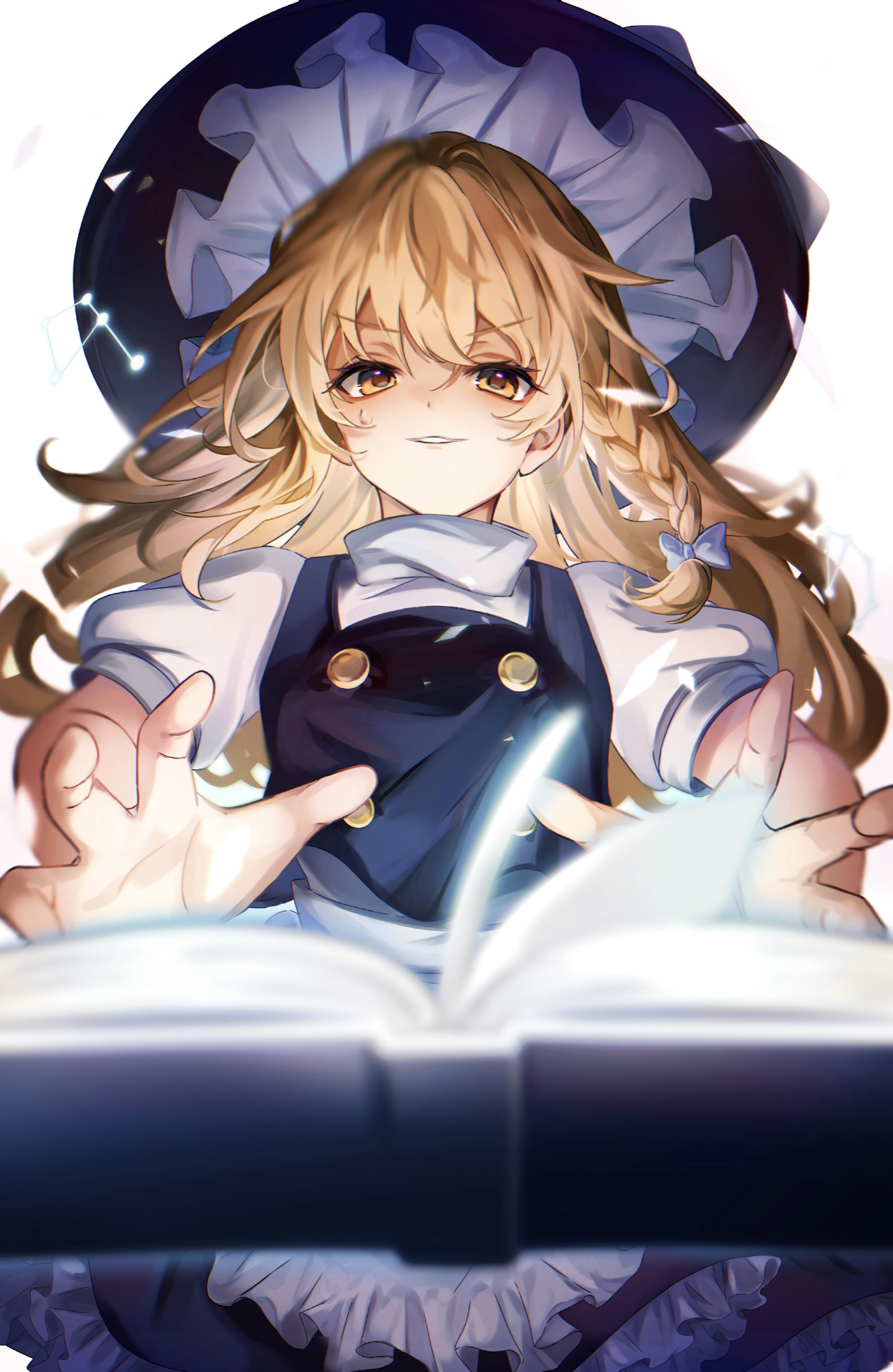aida noa, kirisame marisa, touhou, absurdres, highres, 1girl, apron, black hat, black vest, book, braid, buttons, frilled hat, frills, hair between eyes, hat, long hair, looking at viewer, open book, open hand, puffy short sleeves, puffy sleeves, shirt, short sleeves, simple background, single braid, smirk, solo, vest, white apron, white background, white shirt, witch hat, yellow eyes