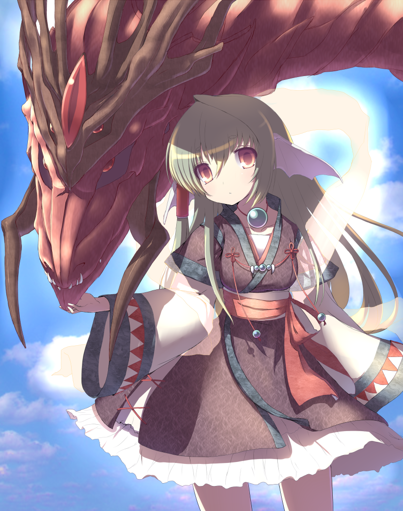 hiraga matsuri, hirasato, original, 1girl, dragon, dragon girl, female focus, green hair, long hair, monster girl, red eyes, solo