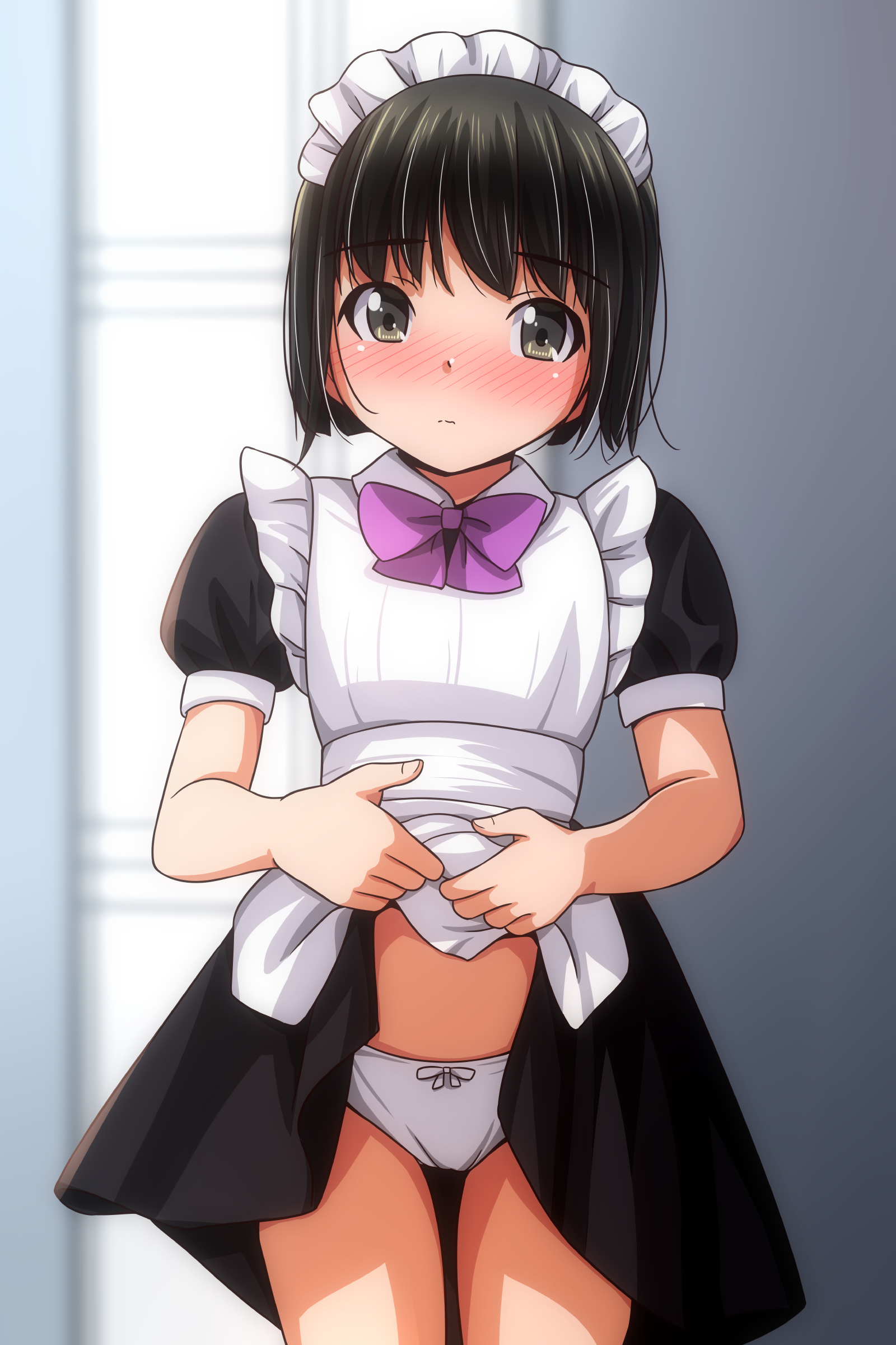 matsunaga kouyou, original, absurdres, commentary request, highres, 1girl, apron, black dress, black hair, blush, bow, clothes lift, dress, dress lift, lifting own clothes, looking at viewer, maid, maid headdress, nose blush, panties, puffy sleeves, short hair, short sleeves, solo, underwear, white panties