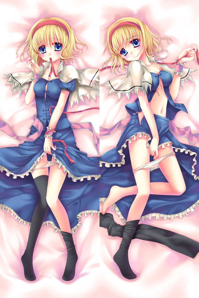 sousouman, alice margatroid, touhou, bad id, bad pixiv id, 1girl, barefoot, blonde hair, blue eyes, blush, dakimakura (medium), dress, female focus, hairband, lying, mouth hold, multiple views, navel, panties, panty pull, ribbon, short hair, single thighhigh, socks, thighhighs, thighhighs pull, underwear, undressing, wrist cuffs