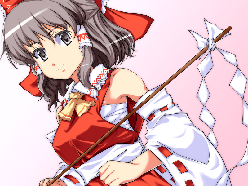 tenpura (tenpura621), hakurei reimu, touhou, bad id, bad pixiv id, 1girl, bow, brown eyes, brown hair, detached sleeves, female focus, gohei, gradient background, japanese clothes, miko, ribbon, sarashi, solo