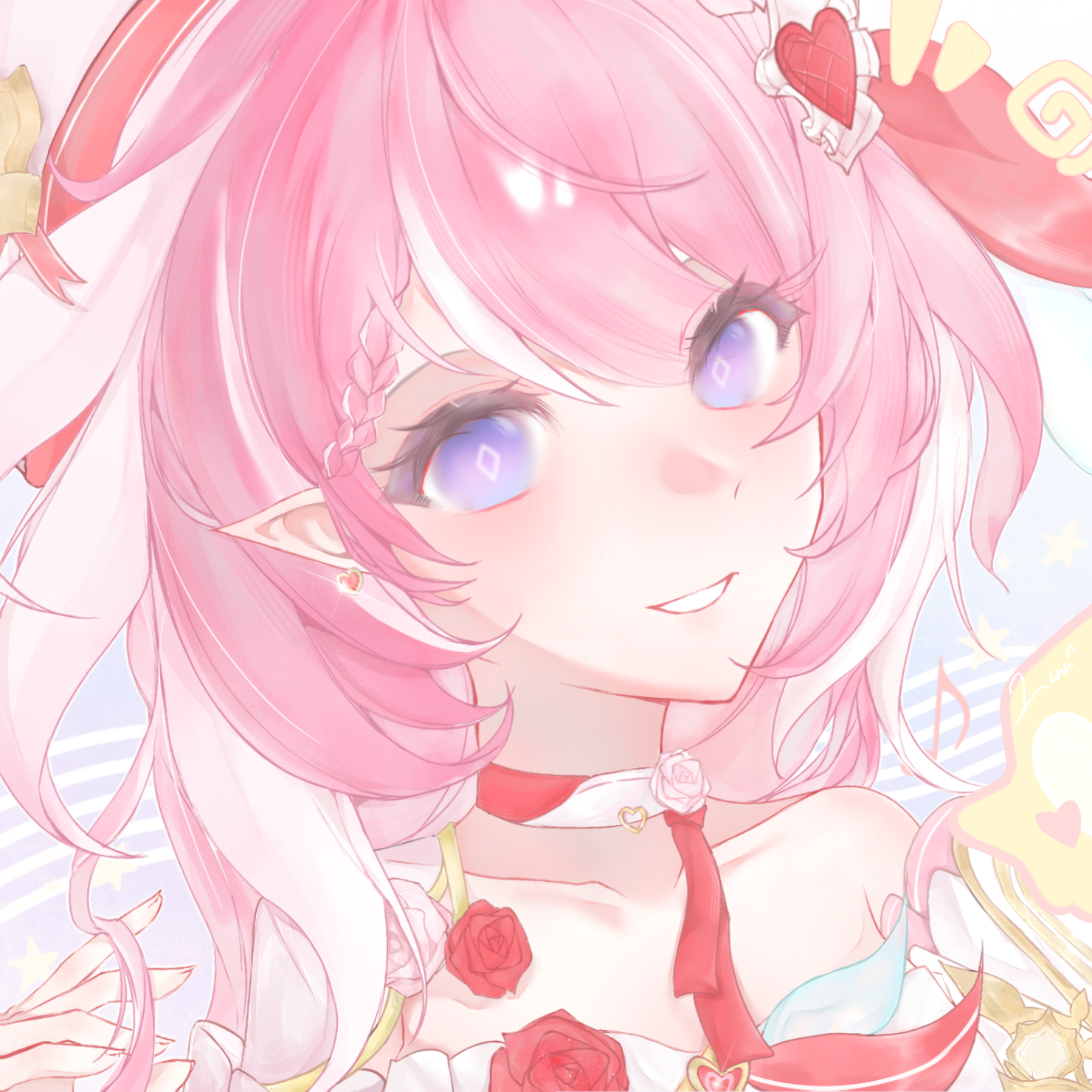 elysia (hi love elf) (honkai impact), elysia (honkai impact), honkai (series), honkai impact 3rd, chinese commentary, commentary request, highres, 1girl, bare shoulders, beret, breasts, elf, hat, long hair, looking at viewer, medium breasts, multicolored hair, pink hair, pointy ears, portrait, purple eyes, smile, soistesimmer61231, solo, two-tone hair, very long hair, white hair