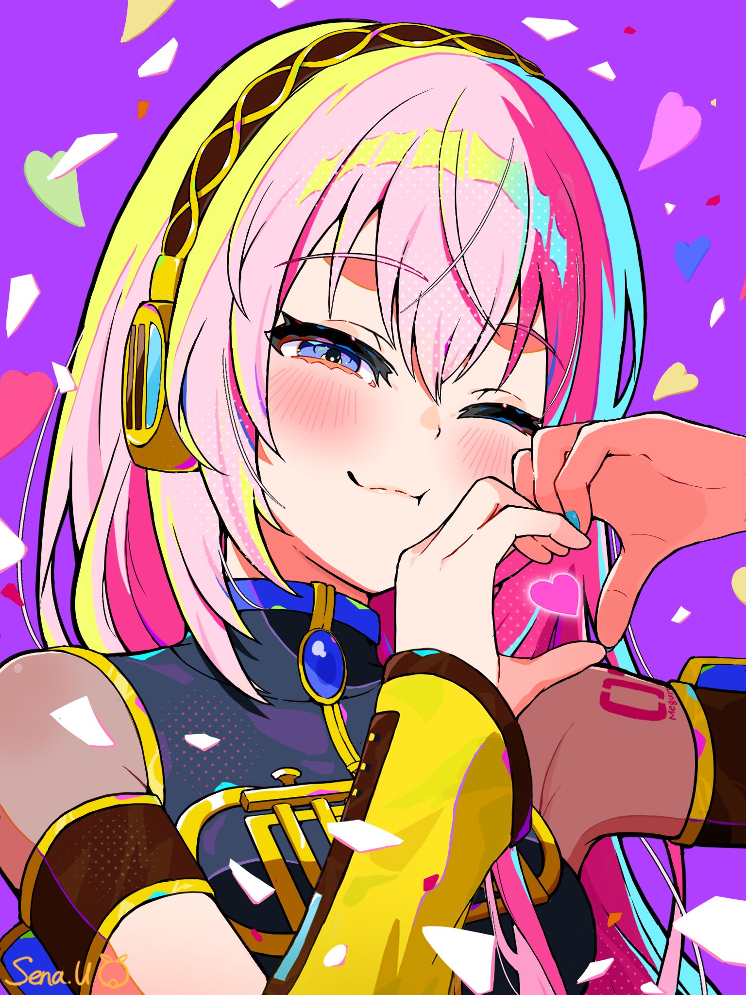 uzuki sena, megurine luka, vocaloid, commentary, highres, symbol-only commentary, 1girl, arm cuffs, artist name, ben-day dots, black shirt, blue gemstone, blue nails, blush, breasts, closed mouth, colorful, detached sleeves, gem, hair between eyes, half-closed eye, hands up, headphones, heart, heart hands, heart in heart hands, high collar, large breasts, long hair, looking at viewer, nail polish, number tattoo, one eye closed, pink hair, purple background, purple eyes, screentones, see-through clothes, see-through cutout, shirt, shoulder tattoo, sidelocks, simple background, sleeveless, sleeveless shirt, smile, solo, tattoo, upper body