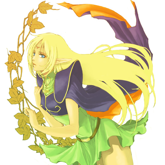 koma kiri aoko, deedlit, record of lodoss war, 1girl, blonde hair, blue eyes, elf, female focus, leaf, long hair, pointy ears, solo, white background