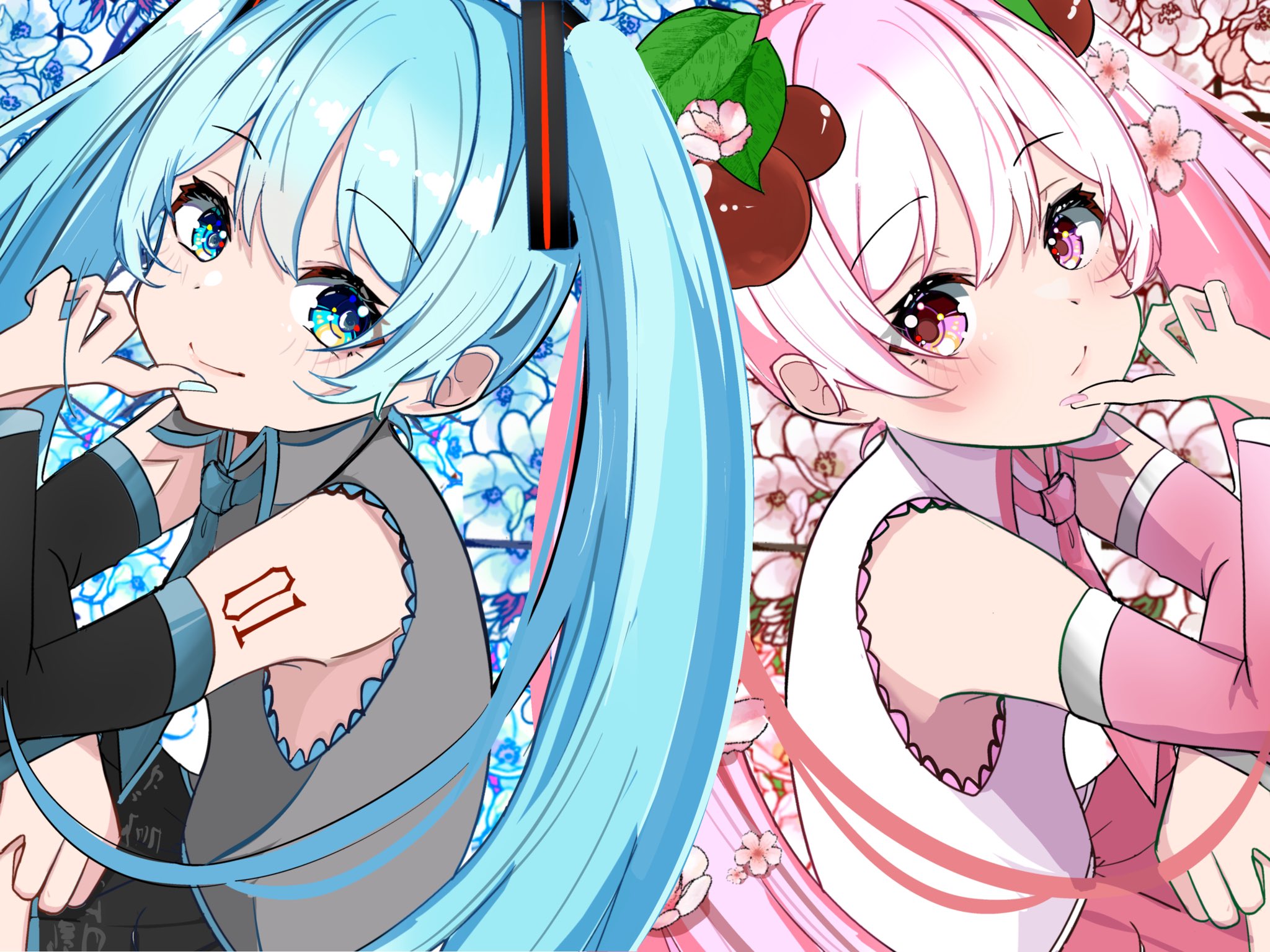 yuruligon, hatsune miku, sakura miku, vocaloid, commentary request, highres, 2girls, aqua eyes, aqua flower, aqua hair, aqua nails, aqua trim, arm tattoo, bare shoulders, black skirt, black sleeves, blush, breasts, cherry hair ornament, closed mouth, collared shirt, detached sleeves, dot nose, dual persona, flower, food-themed hair ornament, frilled shirt, frills, grey shirt, hair between eyes, hair ornament, index finger raised, long hair, long sleeves, looking at viewer, medium breasts, miniskirt, multiple girls, necktie, number tattoo, official alternate costume, pink eyes, pink flower, pink hair, pink necktie, pleated skirt, shirt, sitting, skirt, sleeveless, sleeveless shirt, smile, tattoo, twintails, very long hair, white shirt, wide sleeves