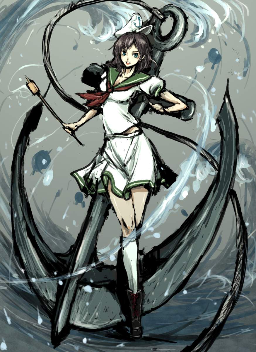 moto murabito, murasa minamitsu, touhou, highres, traditional media, 1girl, anchor, black hair, female focus, ghost, green eyes, hat, hishaku, ladle, sailor, sailor hat, short hair, solo