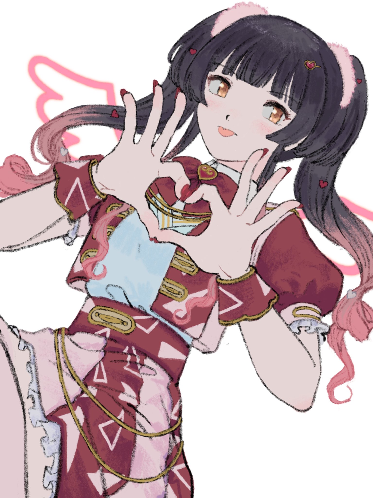 subro, mayuzumi fuyuko, idolmaster, idolmaster shiny colors, highres, 1girl, :p, black hair, blunt bangs, brown eyes, cowboy shot, gradient hair, hands up, heart, heart hands, idol clothes, long hair, looking at viewer, miniskirt, multicolored hair, puffy short sleeves, puffy sleeves, red shirt, red skirt, shirt, short sleeves, simple background, skirt, solo, tongue, tongue out, twintails, white background, wrist cuffs