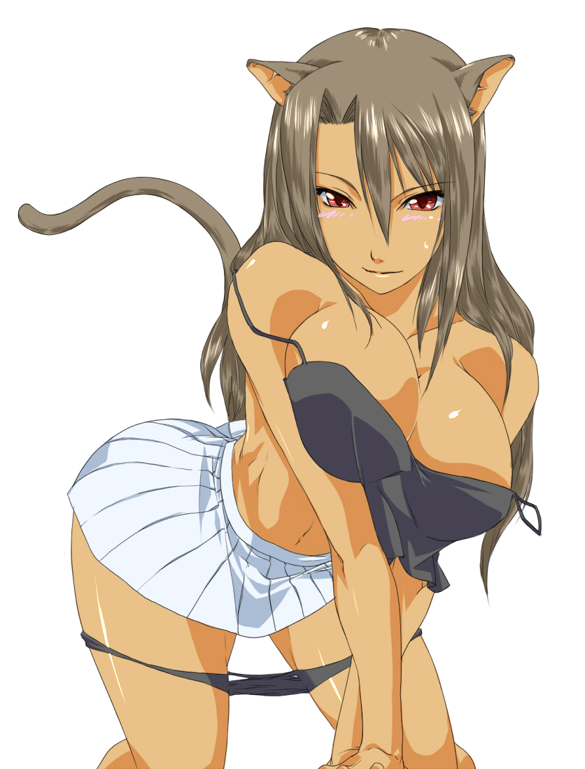 ksaiki, original, bad id, bad pixiv id, 1girl, animal ears, bare shoulders, blush, breasts, breasts squeezed together, brown hair, cat ears, cat tail, dark-skinned female, dark skin, female focus, huge breasts, large breasts, leaning forward, miniskirt, navel, panties, panty pull, pleated skirt, red eyes, skirt, solo, tail, tan, thong, underwear