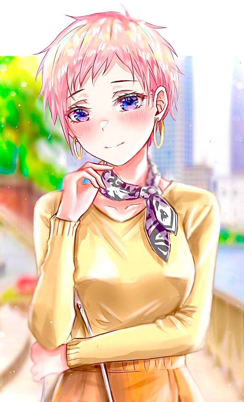 yahalashin, nakano ichika, go-toubun no hanayome, commentary, english commentary, highres, third-party source, 1girl, alternate hair length, alternate hairstyle, bag, blue eyes, blurry, blurry background, blush, breasts, building, closed mouth, earrings, eyelashes, handbag, hoop earrings, jewelry, long sleeves, neckerchief, outdoors, pink hair, shirt, short hair, smile, solo, tree, upper body, very short hair, yellow shirt