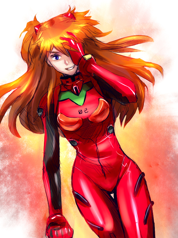 ririclub, souryuu asuka langley, neon genesis evangelion, the end of evangelion, 1girl, blue eyes, bodysuit, bracer, breasts, clenched hand, covering face, covering one eye, covering own eyes, covering privates, cowboy shot, dutch angle, female focus, gloves, grin, hair ornament, long hair, looking at viewer, mecha pilot suit, orange hair, plugsuit (evangelion), sketch, skinny, small breasts, smile, solo, thigh gap, thighs, turtleneck