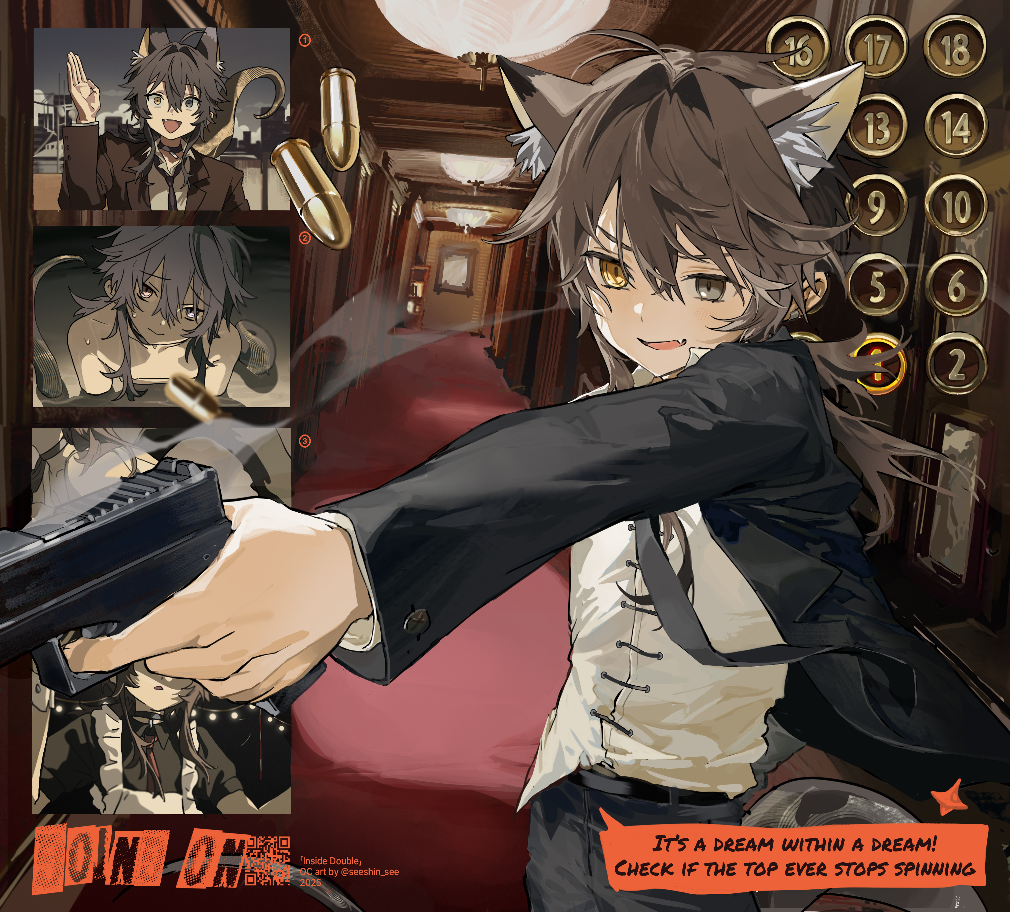 seeshin see, original, absurdres, highres, weapon request, 1boy, animal ears, black necktie, black suit, brown eyes, brown hair, cowboy shot, english text, formal clothes, grey eyes, gun, handgun, heterochromia, hotel, indoors, looking at viewer, male focus, necktie, open mouth, shirt, short hair, smile, solo, speech bubble, suit, weapon, white shirt, wolf boy, wolf ears