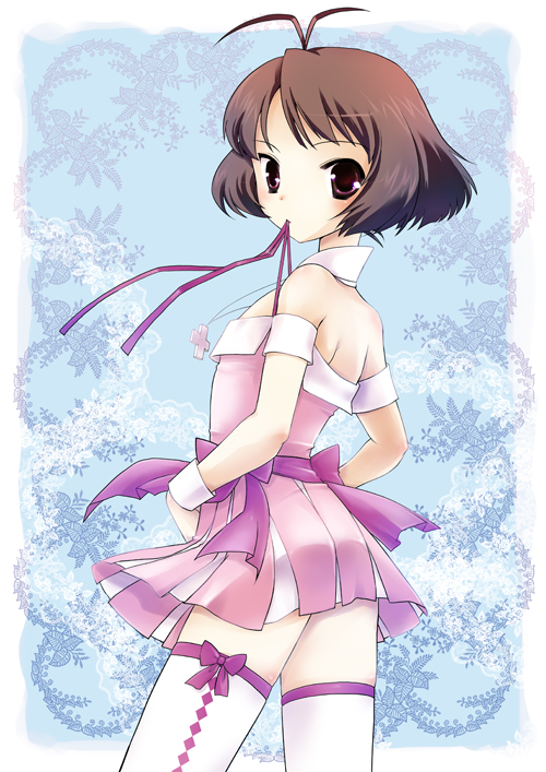 kusakabe rei, akizuki ryo, idolmaster, idolmaster dearly stars, bad id, bad pixiv id, 00s, 1boy, antenna hair, bare shoulders, brown eyes, brown hair, cross, crossdressing, crossdressing (mtf), cute & girly (idolmaster), jewelry, looking back, male focus, mouth hold, necklace, ribbon, ribbon in mouth, short hair, solo, thighhighs, trap, zettai ryouiki