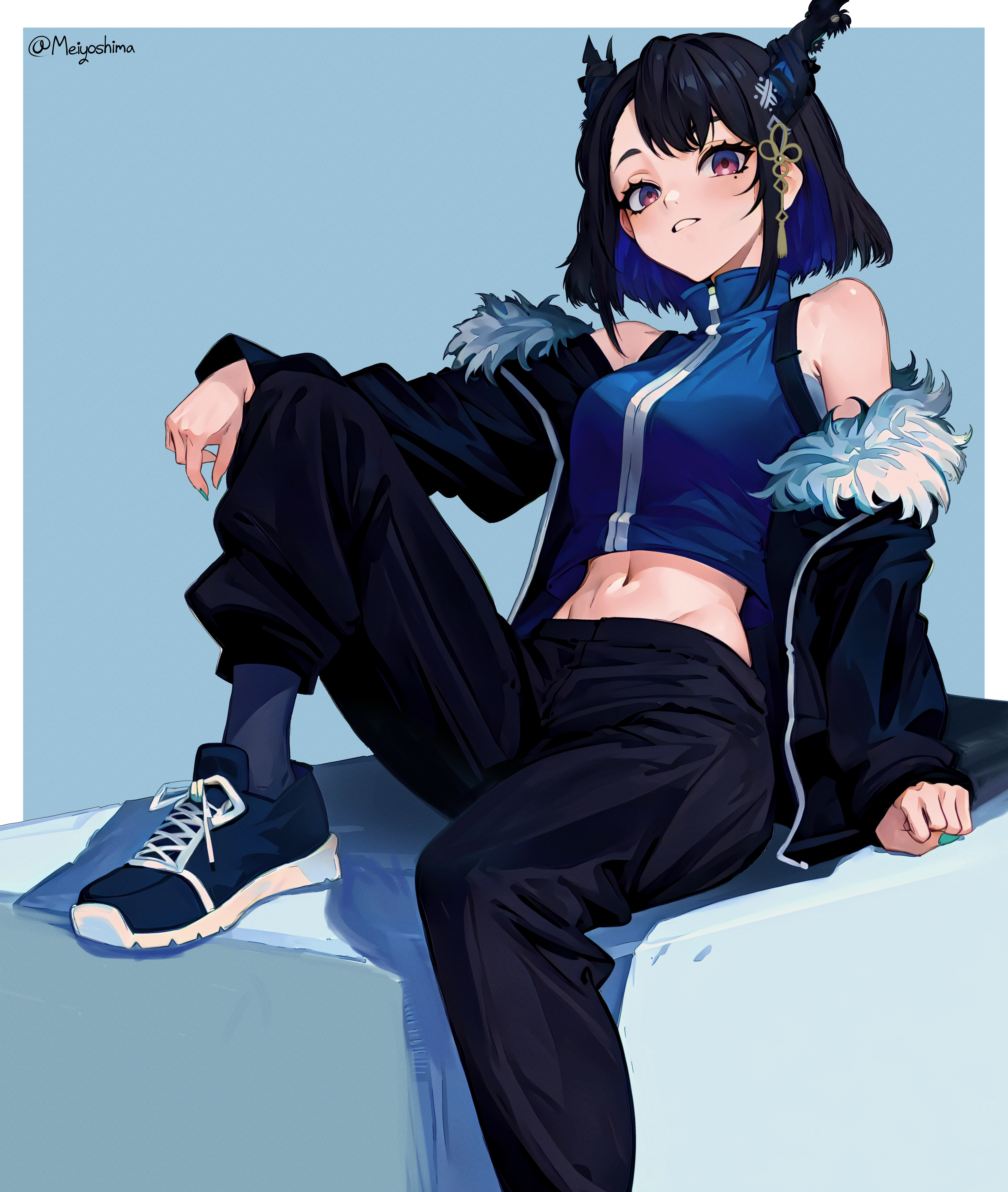 meiyoshima, nerissa ravencroft, hololive, hololive english, absurdres, commentary, english commentary, highres, 1girl, alternate costume, alternate hair length, alternate hairstyle, bare shoulders, black hair, black jacket, black pants, blue hair, blue shirt, blue shoes, blue socks, blush, border, breasts, colored inner hair, crop top, eyelashes, flower, fur-trimmed jacket, fur trim, hair flower, hair ornament, horns, jacket, long sleeves, midriff, multicolored hair, navel, open clothes, open jacket, pants, purple eyes, shirt, shoelaces, shoes, short hair, sitting, smile, socks, solo, twitter username, virtual youtuber, white border