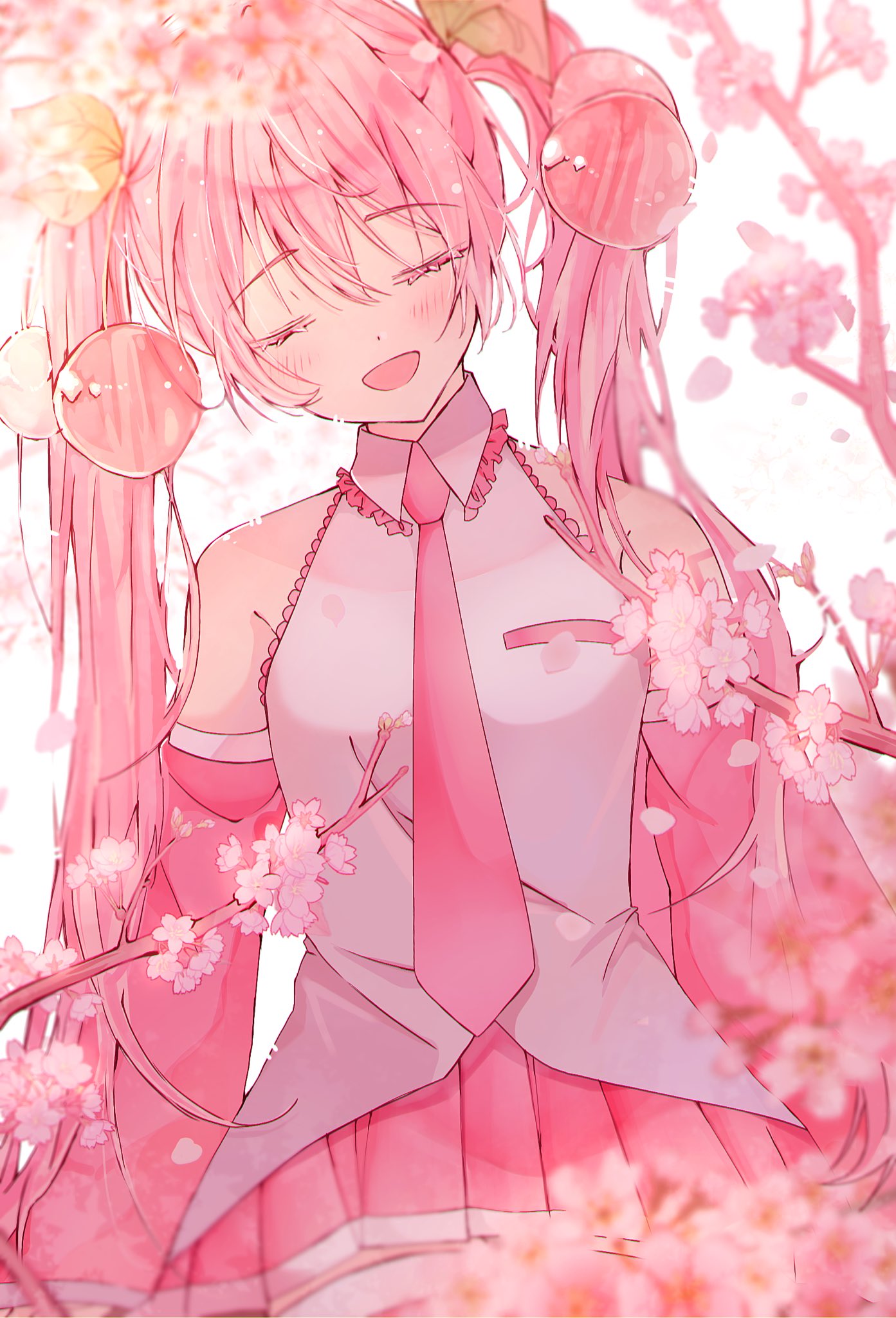 tsfl0017, hatsune miku, sakura miku, vocaloid, commentary request, highres, 1girl, blush, breasts, cherry hair ornament, closed eyes, collared shirt, detached sleeves, facing viewer, falling petals, flower, food-themed hair ornament, hair between eyes, hair ornament, long hair, long sleeves, looking at viewer, medium breasts, miniskirt, necktie, official alternate costume, open mouth, petals, pink hair, pink necktie, pink skirt, pleated skirt, shirt, skirt, sleeveless, sleeveless shirt, smile, solo, twintails, upper body, very long hair, white shirt, wide sleeves