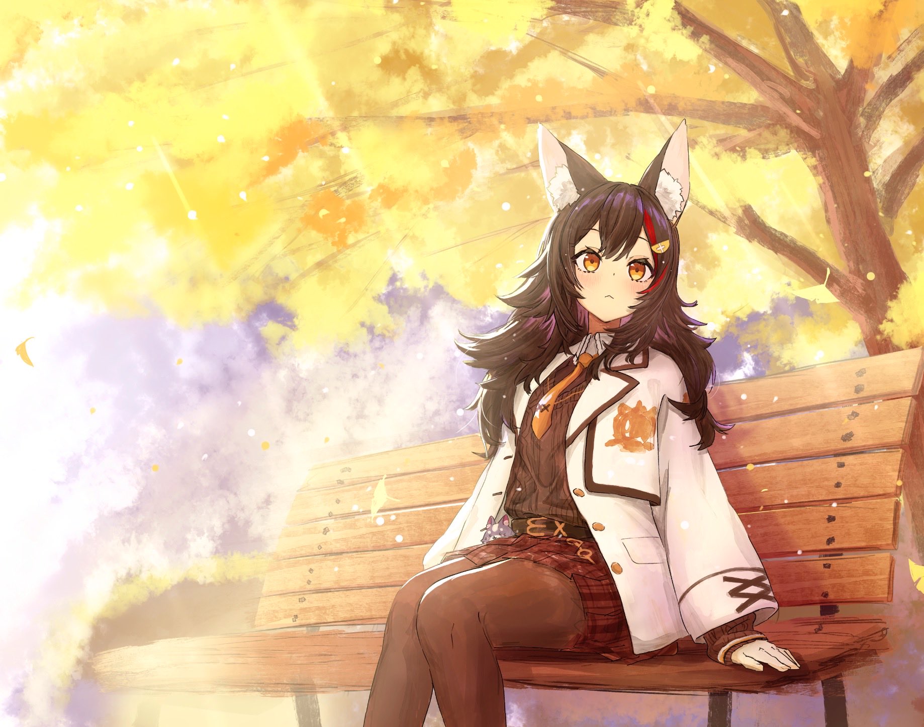 kazuna (minekazuna), ookami mio, ookami mio (10th costume), hololive, hashtag-only commentary, highres, 1girl, animal ear fluff, animal ears, autumn leaves, bench, black hair, black pantyhose, black sweater, closed mouth, collared shirt, falling leaves, hair ornament, jacket, leaf, light blush, long hair, long sleeves, looking ahead, multicolored hair, necktie, open clothes, open jacket, orange necktie, outdoors, pantyhose, plaid clothes, plaid skirt, red skirt, red streaks, ribbed sweater, shirt, sitting, skirt, sleeves past wrists, solo, streaked hair, sunlight, sweater, tree, turning head, white jacket, white shirt, wolf ears, wolf girl, yellow eyes