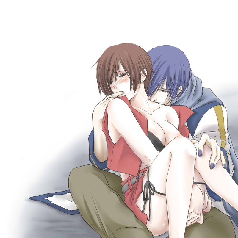 sakuraji tomoka, kaito (vocaloid), meiko (vocaloid), vocaloid, finger in mouth, 1boy, 1girl, belt, blue hair, blue scarf, blush, bra, breasts, brown hair, couple, female masturbation, finger to mouth, fingering, hetero, kiss, large breasts, lingerie, masturbation, midriff peek, nail polish, panties, panty pull, scarf, short hair, skirt, underwear