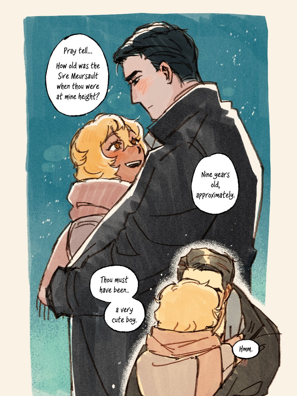 don quixote (project moon), meursault (project moon), limbus company, project moon, highres, 1boy, 1girl, alternate costume, argentittys, black coat, black hair, blonde hair, blush, coat, couple, english text, height difference, hetero, kiss, open mouth, pink scarf, scarf, short hair, smile, snow, speech bubble