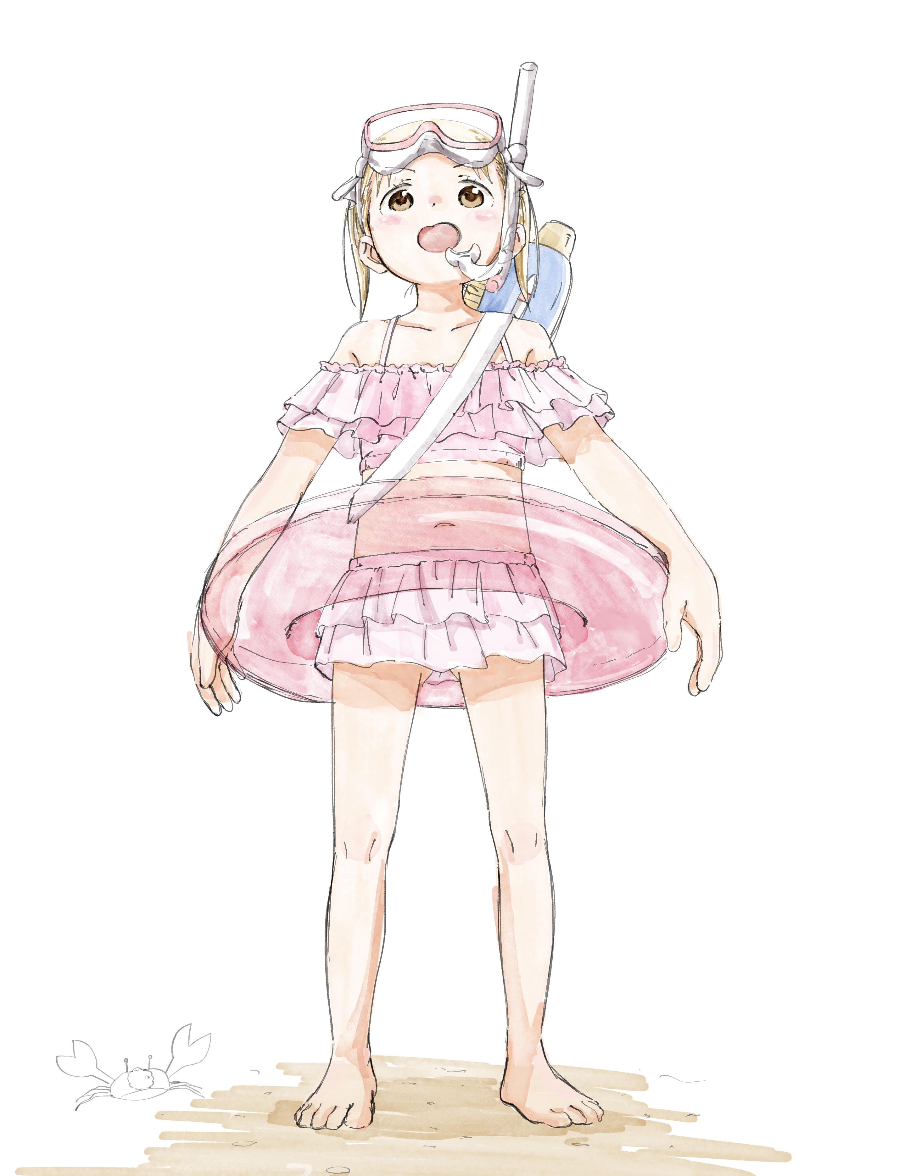 mitsuo252, matsuoka miu, ichigo mashimaro, absurdres, highres, 1girl, bikini, blush, brown eyes, brown hair, carb, diving mask, frilled bikini, frills, full body, goggles, innertube, navel, open mouth, snorkel, solo, swim ring, swimsuit, twintails