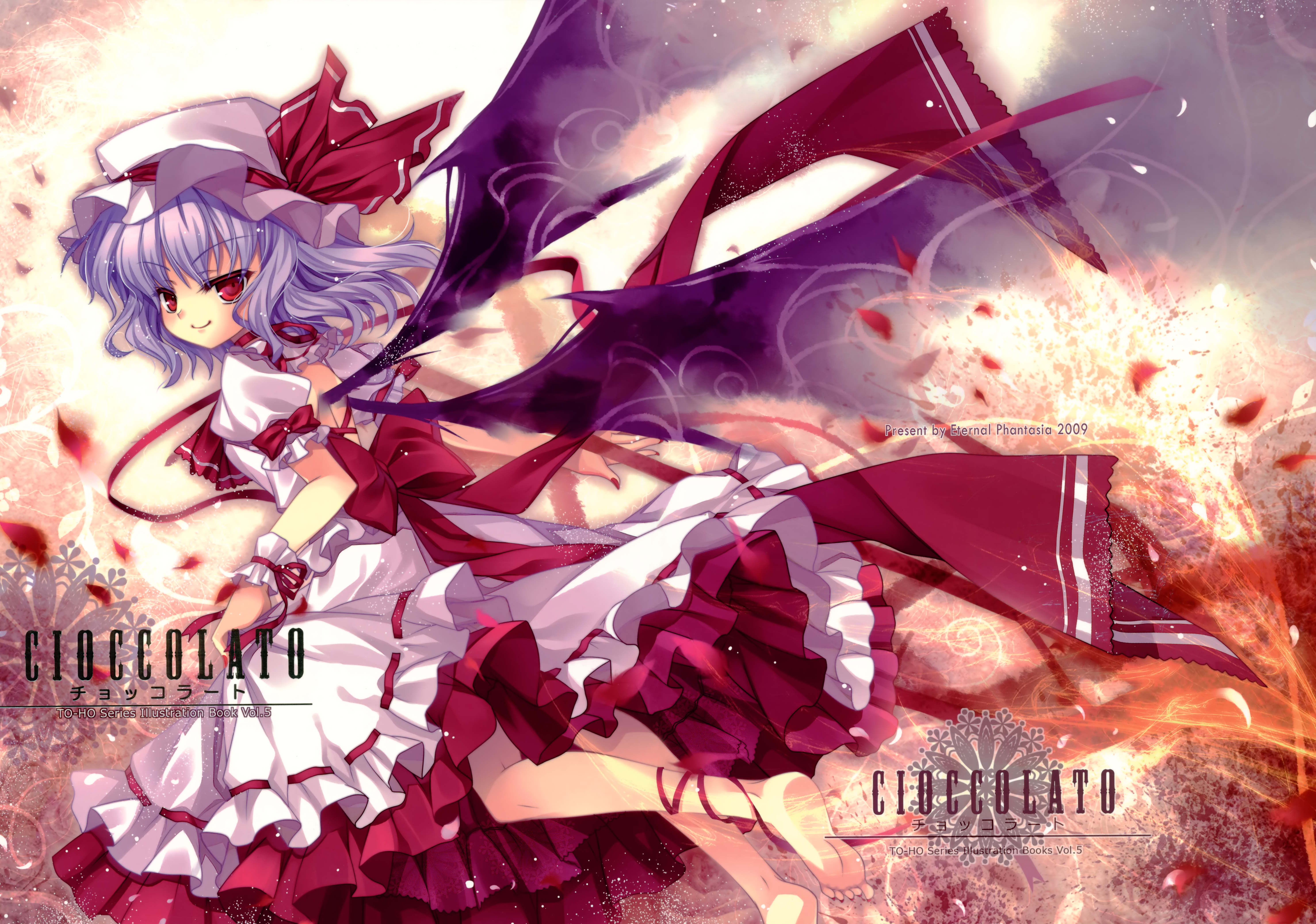 capura lin, remilia scarlet, touhou, light purple hair, absurdres, highres, huge filesize, 1girl, ankle ribbon, ascot, back, bare back, barefoot, bat wings, blouse, bow, clothes lift, cover, cover page, fading, feet, female focus, full body, gradient background, hat, hat ribbon, leg ribbon, looking at viewer, looking back, mob cap, nail polish, petals, puffy short sleeves, puffy sleeves, red ascot, red bow, red eyes, red nails, red ribbon, red skirt, ribbon, ribbon-trimmed skirt, ribbon trim, sash, shirt, short hair, short sleeves, skirt, skirt lift, skirt set, smile, solo, white hat, white shirt, white skirt, wings, wrist cuffs