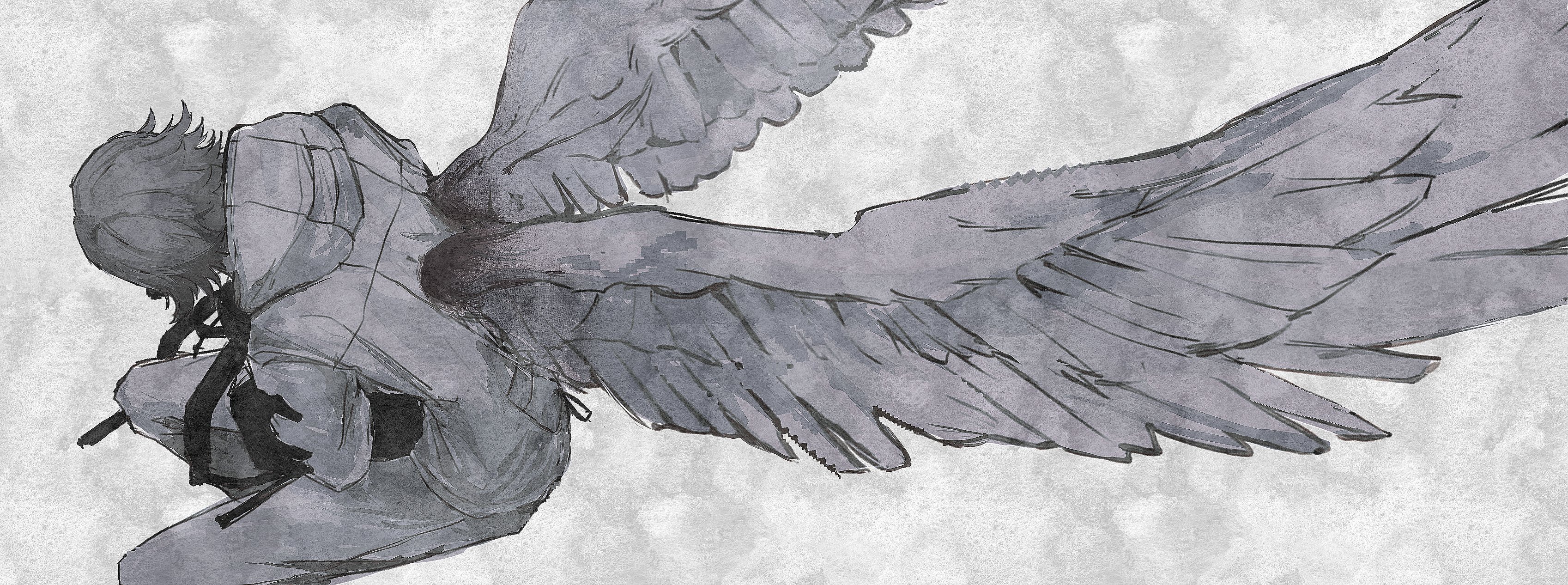 sparrowhabird, aotsuki eito, the hundred line -last defense academy-, absurdres, highres, 1boy, black bag, black gloves, feathered wings, from above, gloves, grey background, grey hair, hugging object, jacket, male focus, paper texture, short hair, solo, squatting, white jacket, wings