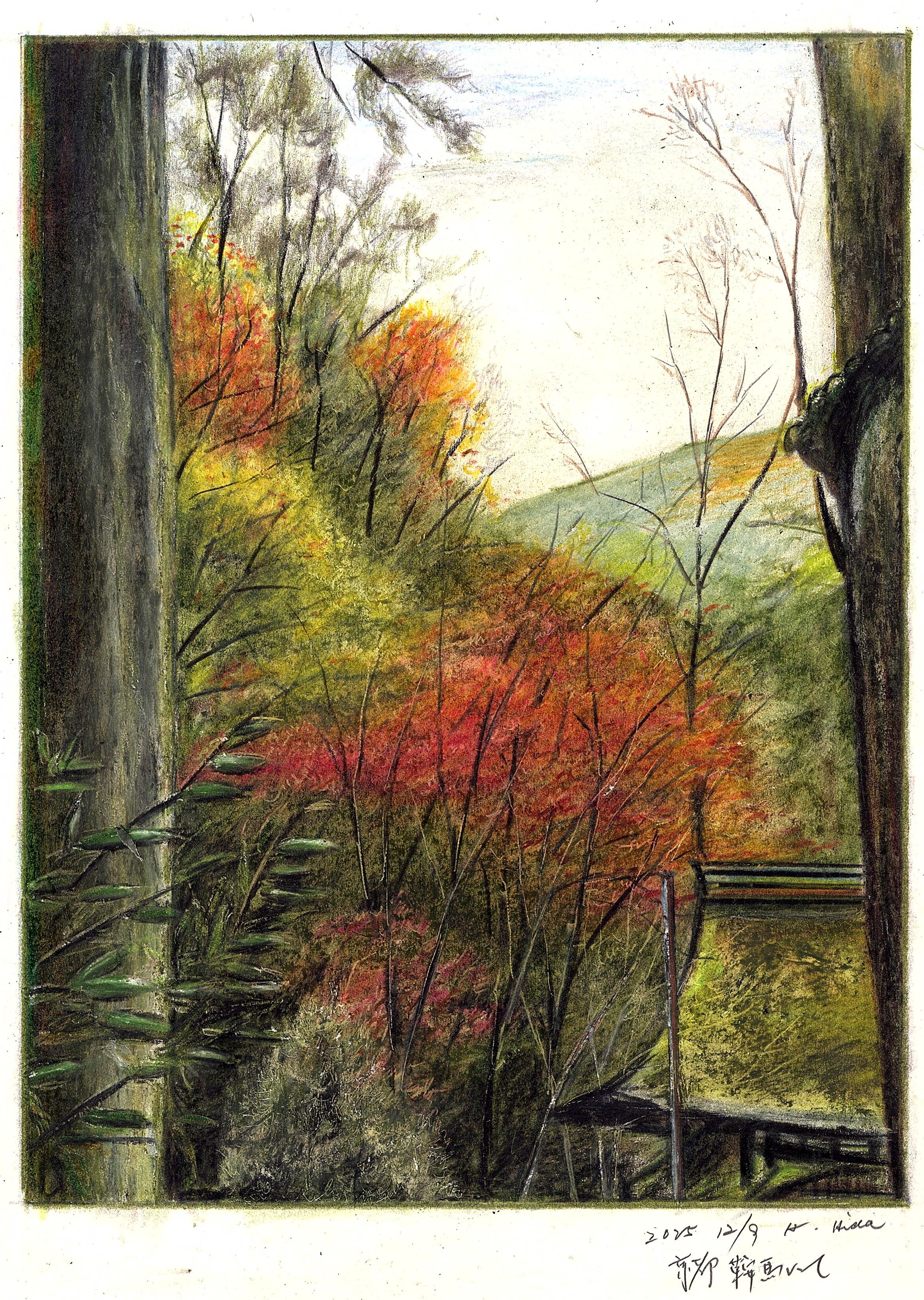 baden hiroshi, original, absurdres, colored pencil (medium), commentary request, highres, traditional media, autumn, border, dated, day, forest, nature, no humans, outdoors, scenery, tree, white border
