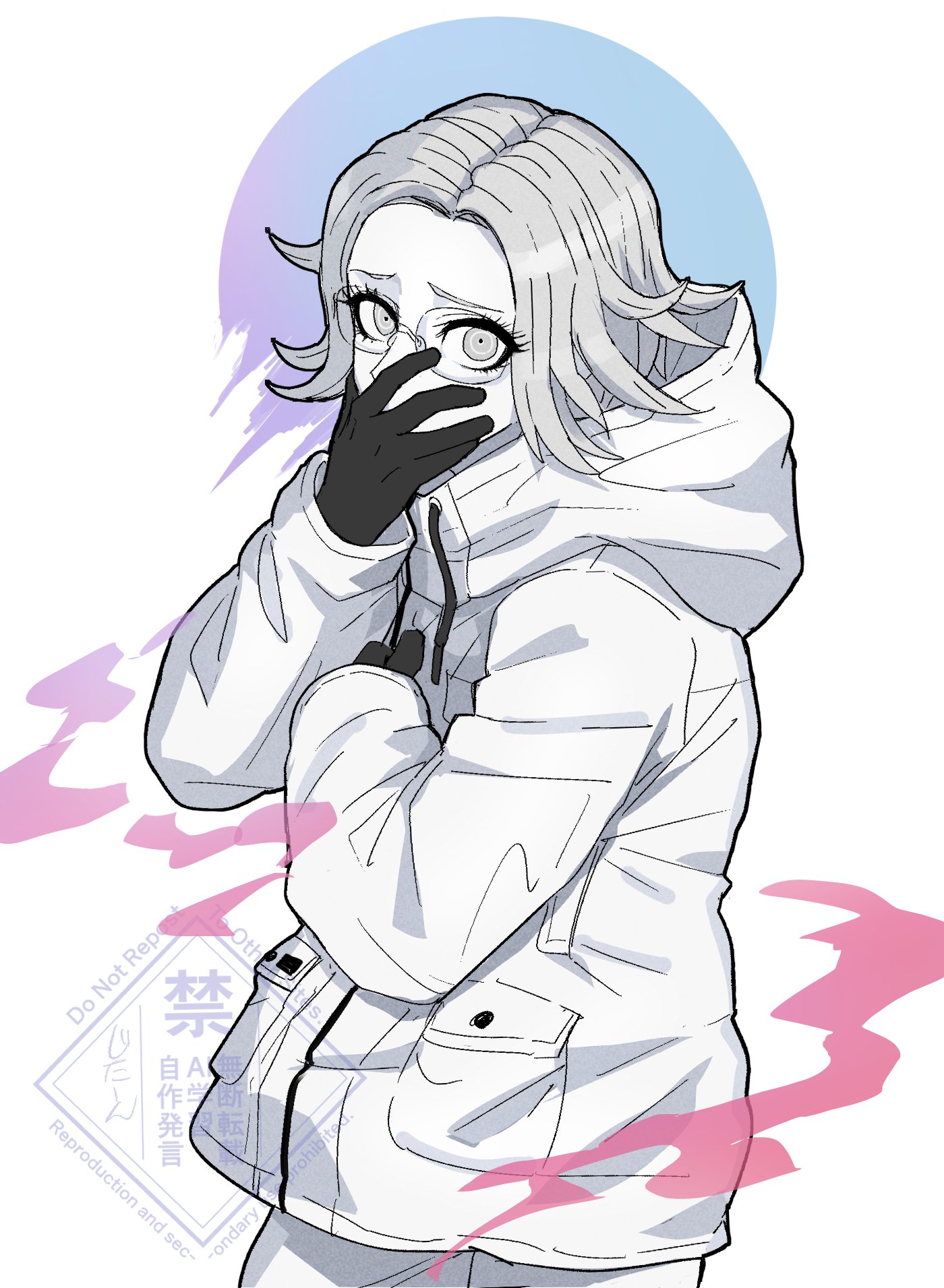 kakikuyeko3181, aotsuki eito, the hundred line -last defense academy-, commentary, highres, 1boy, black gloves, covering own mouth, drawstring, glasses, gloves, grey eyes, grey hair, hand on own chest, hood, hooded jacket, jacket, looking at viewer, male focus, pants, pocket, ringed eyes, short hair, solo, upper body, watermark, white background, white jacket, white pants