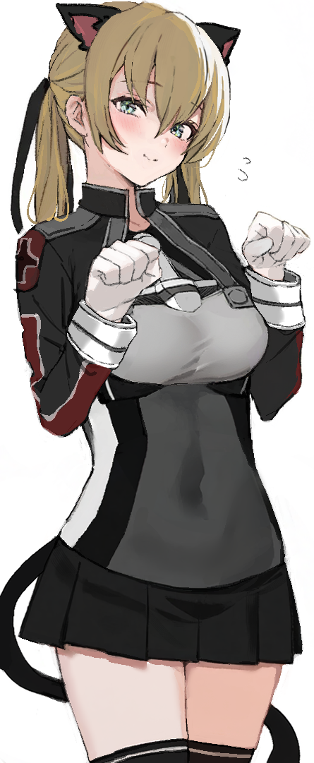 neju, prinz eugen (kancolle), kantai collection, 1girl, animal ears, black skirt, blonde hair, breasts, cat ears, cat tail, cowboy shot, cross, dress, flying sweatdrops, gloves, green eyes, iron cross, long hair, looking at viewer, low twintails, microskirt, military uniform, paw pose, pleated dress, simple background, skirt, smile, solo, tail, twintails, white background, white gloves