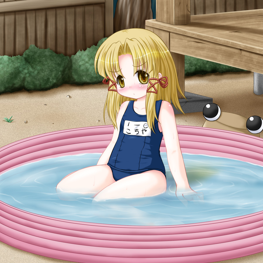 riku (rikkuru), moriya suwako, touhou, translated, 1girl, artistic error, blonde hair, blue eyes, blush, female focus, hat, one-piece swimsuit, outdoors, pool, school swimsuit, short hair, solo, swimsuit, wading pool, water
